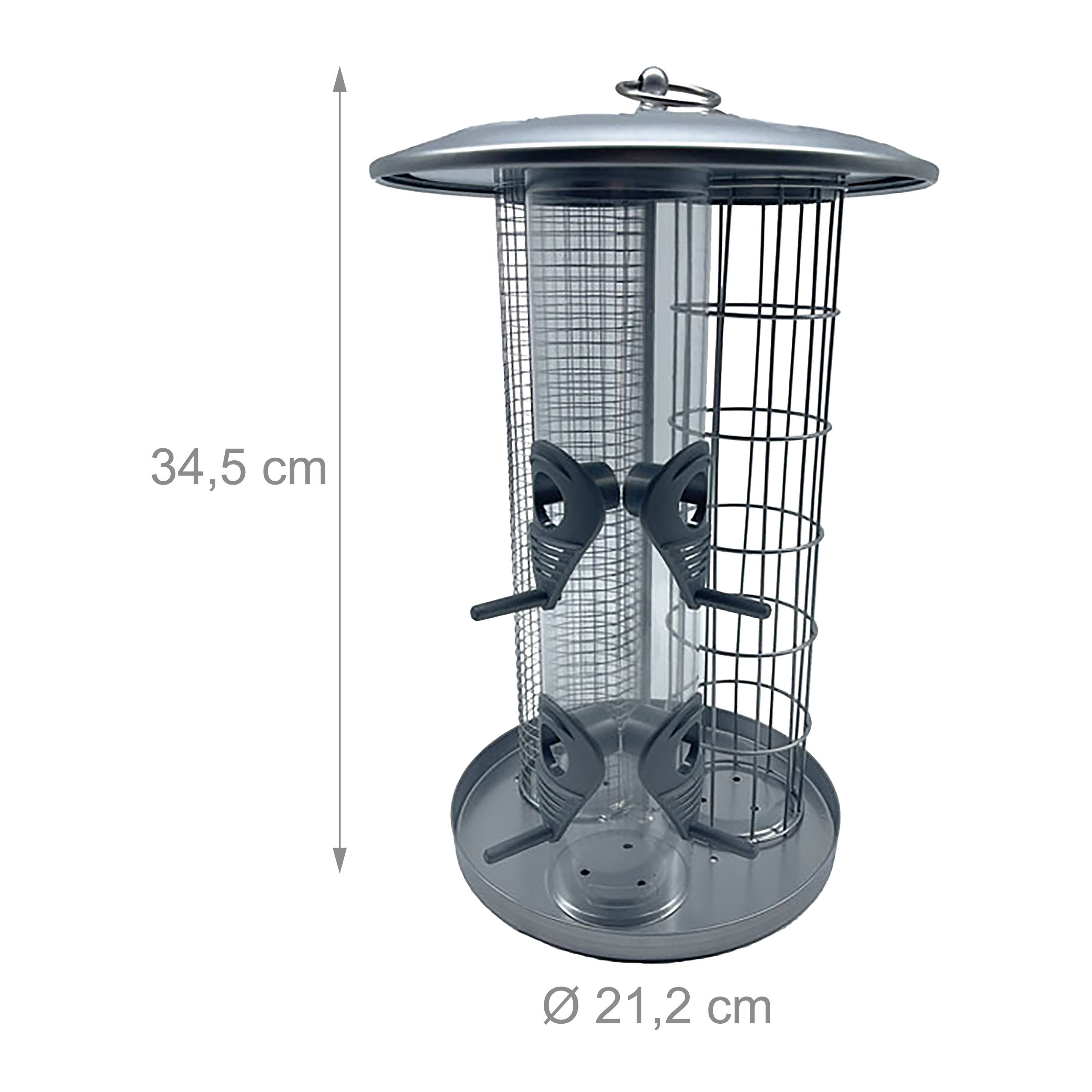 Ein silberner Futterspender für Vögel mit Maßen: Höhe 34,5 cm, Durchmesser 21,2 cm.