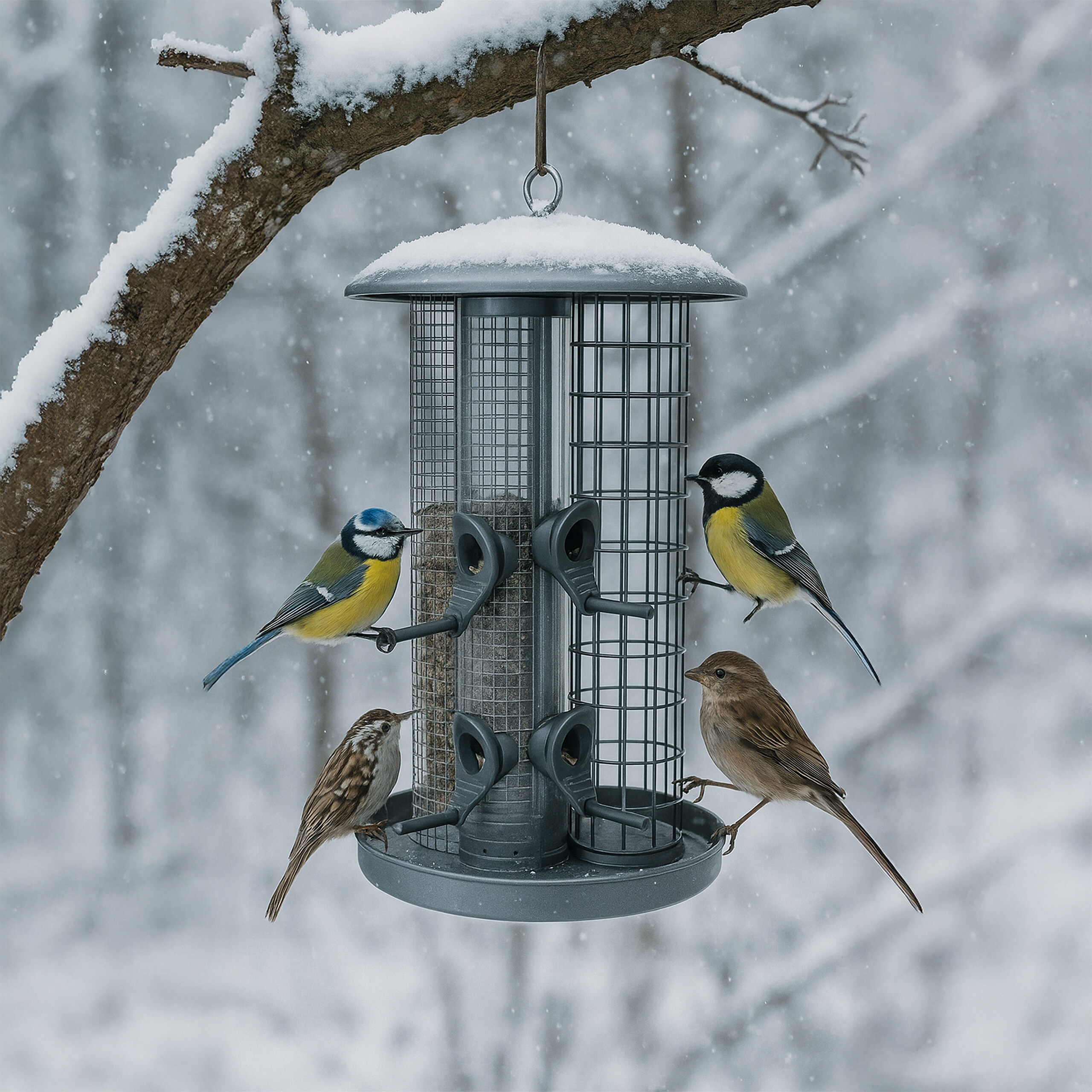 Vier bunte Vögel fressen an einem Vogelfutterhäuschen im verschneiten Wald.