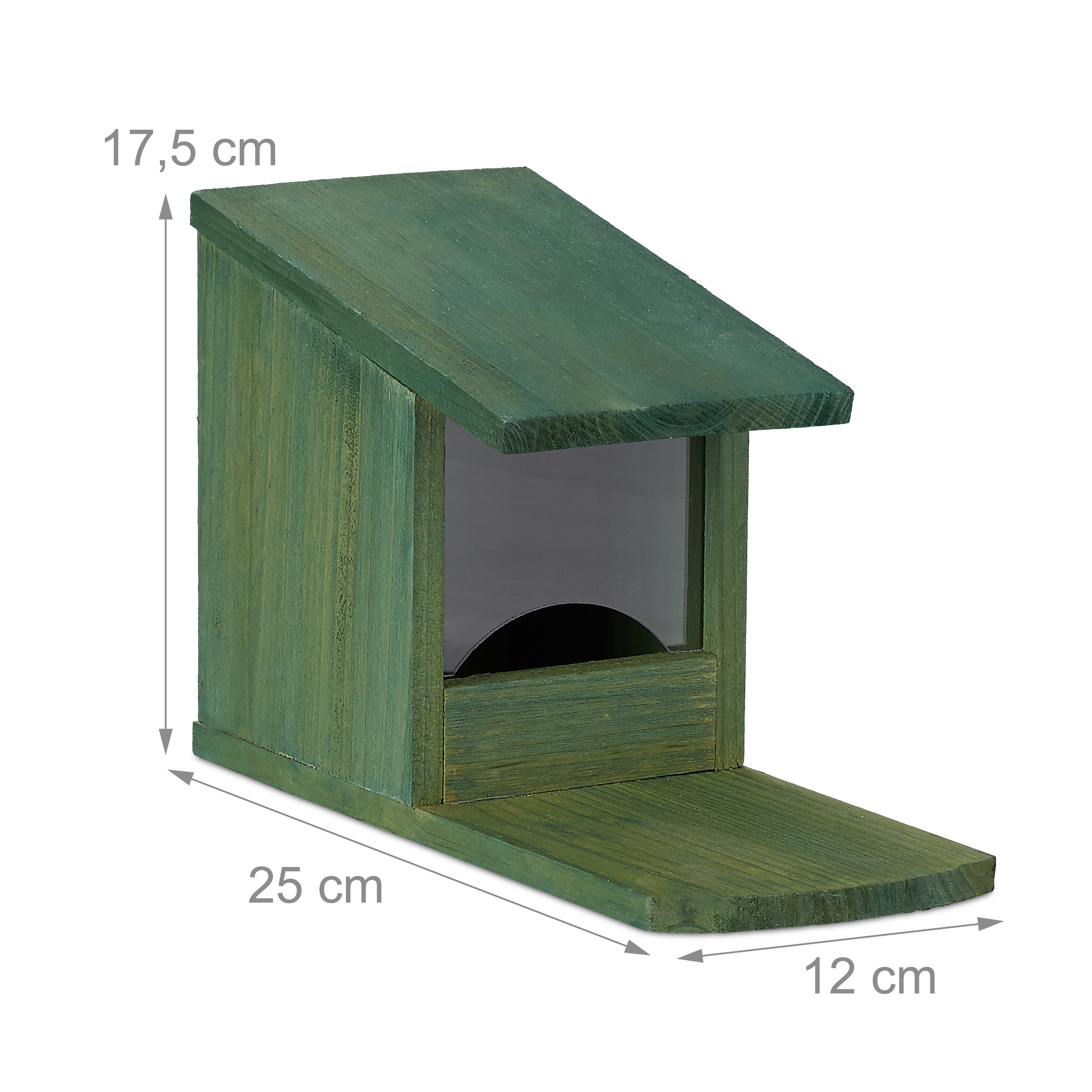Grünes Holz-Vogelhaus mit Maßen: Höhe 17,5 cm, Länge 25 cm, Breite 12 cm.