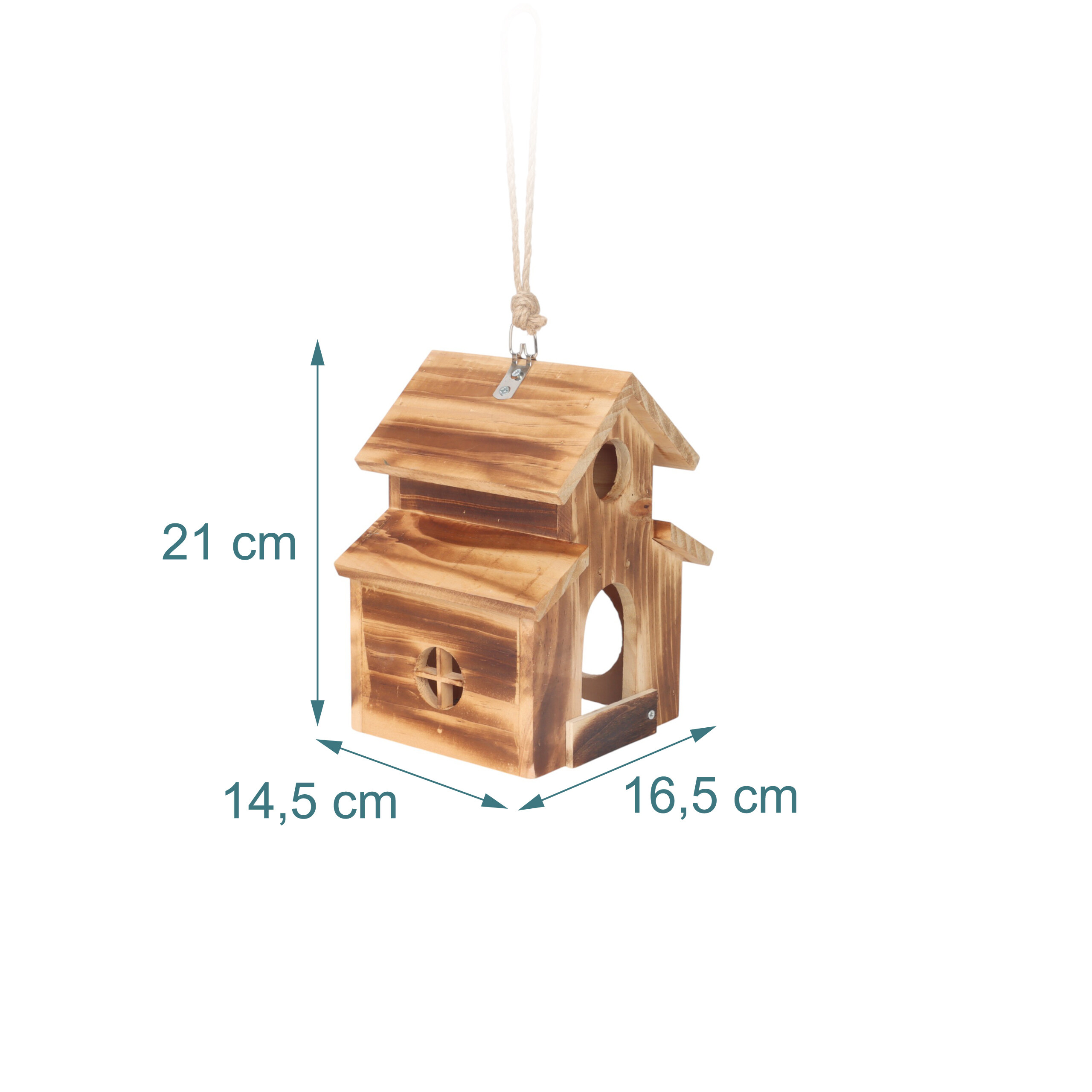 Ein hölzernes Vogelhäuschen mit Maßen: Höhe 21 cm, Tiefe 14,5 cm und Breite 16,5 cm, hängt an einer Schnur.