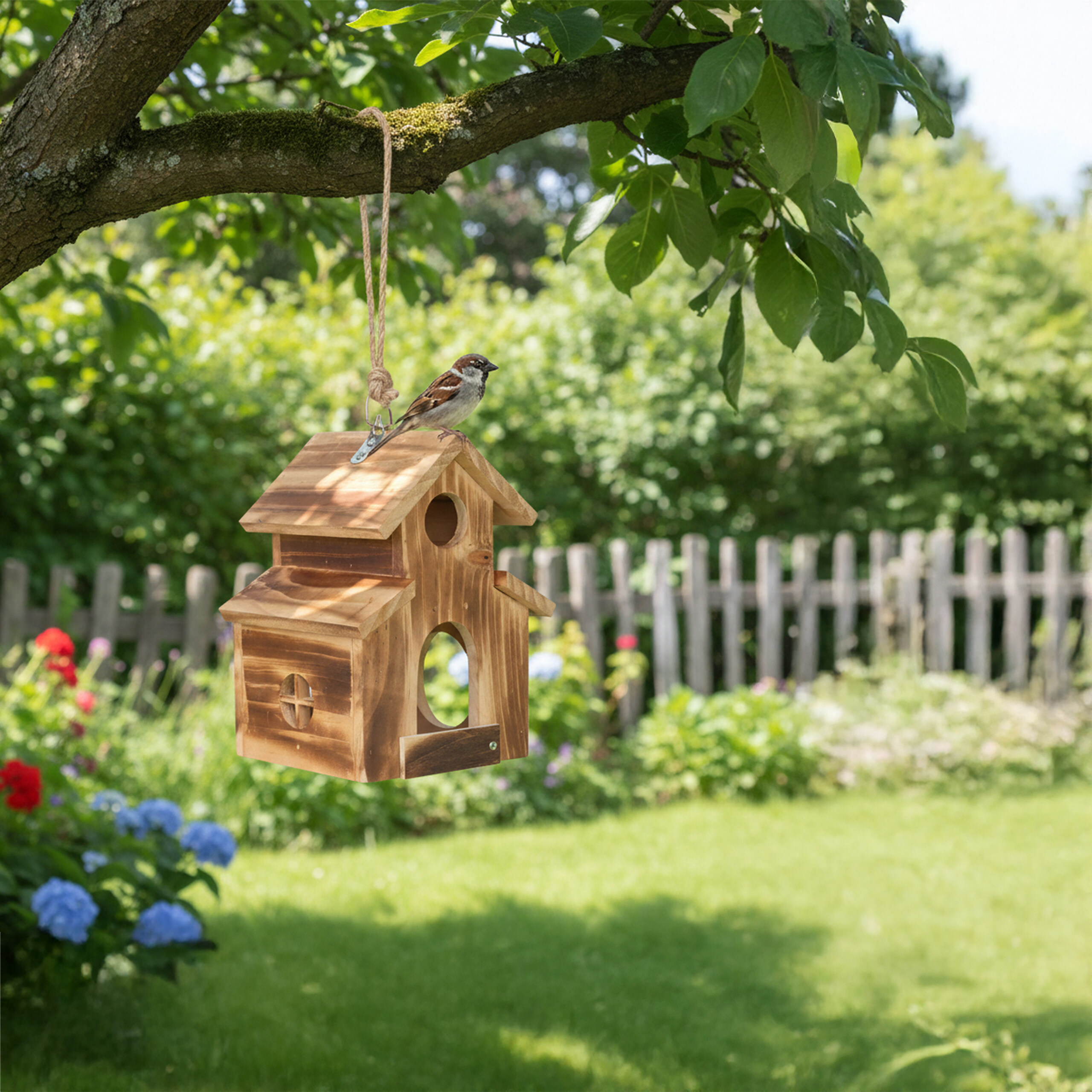 Ein kleiner Vogel sitzt auf einem hölzernen Vogelhaus in einem Garten.