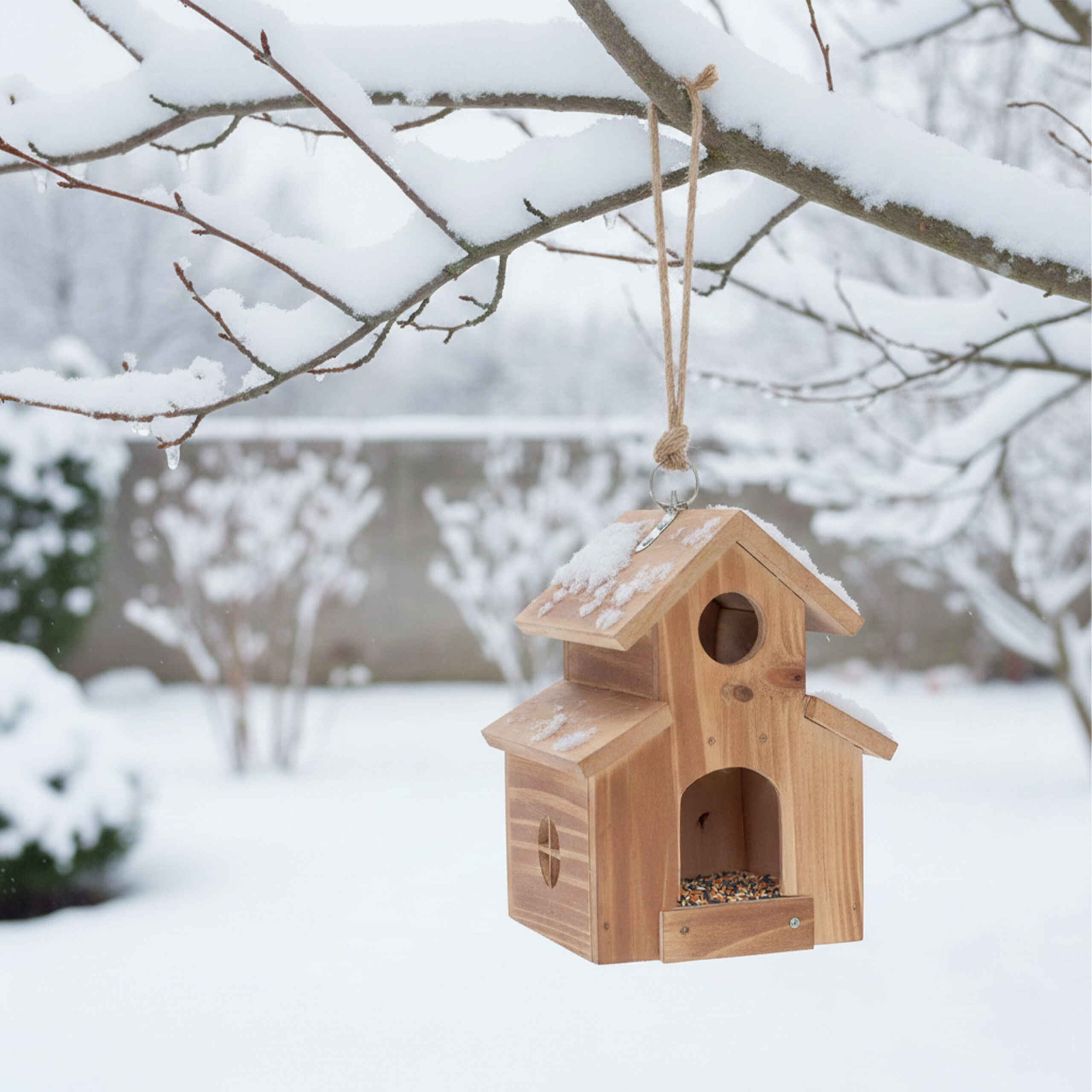 Ein kleines Holzvogelhäuschen hängt an einem verschneiten Ast, gefüllt mit Körnern im winterlichen Garten.