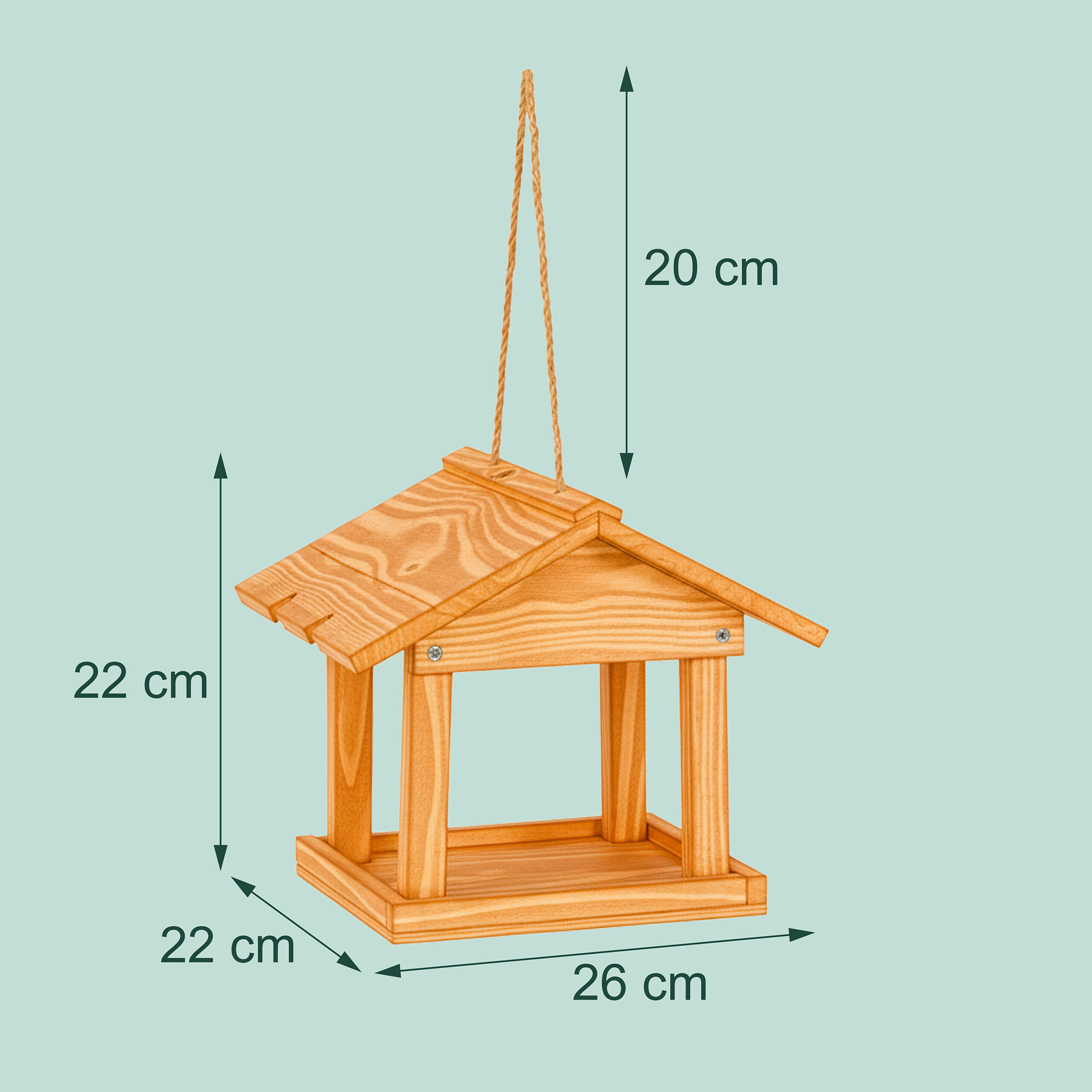 Holzvogelhaus mit Seil zum Aufhängen und Maßangaben.