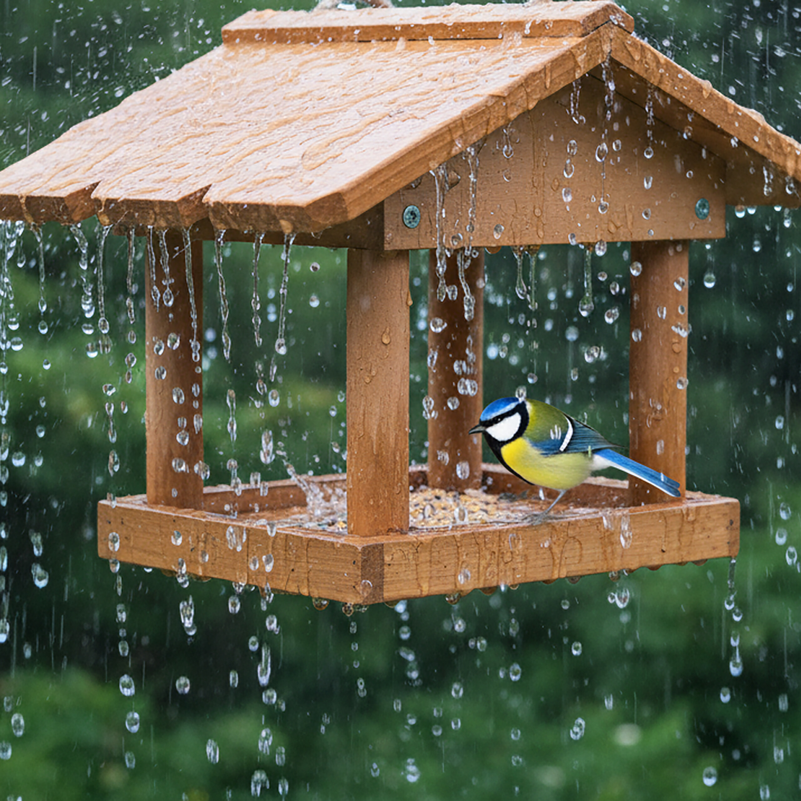 Eine kleine Blaumeise sitzt in einem hölzernen Vogelhäuschen, während starker Regen fällt und Wassertropfen spritzen.