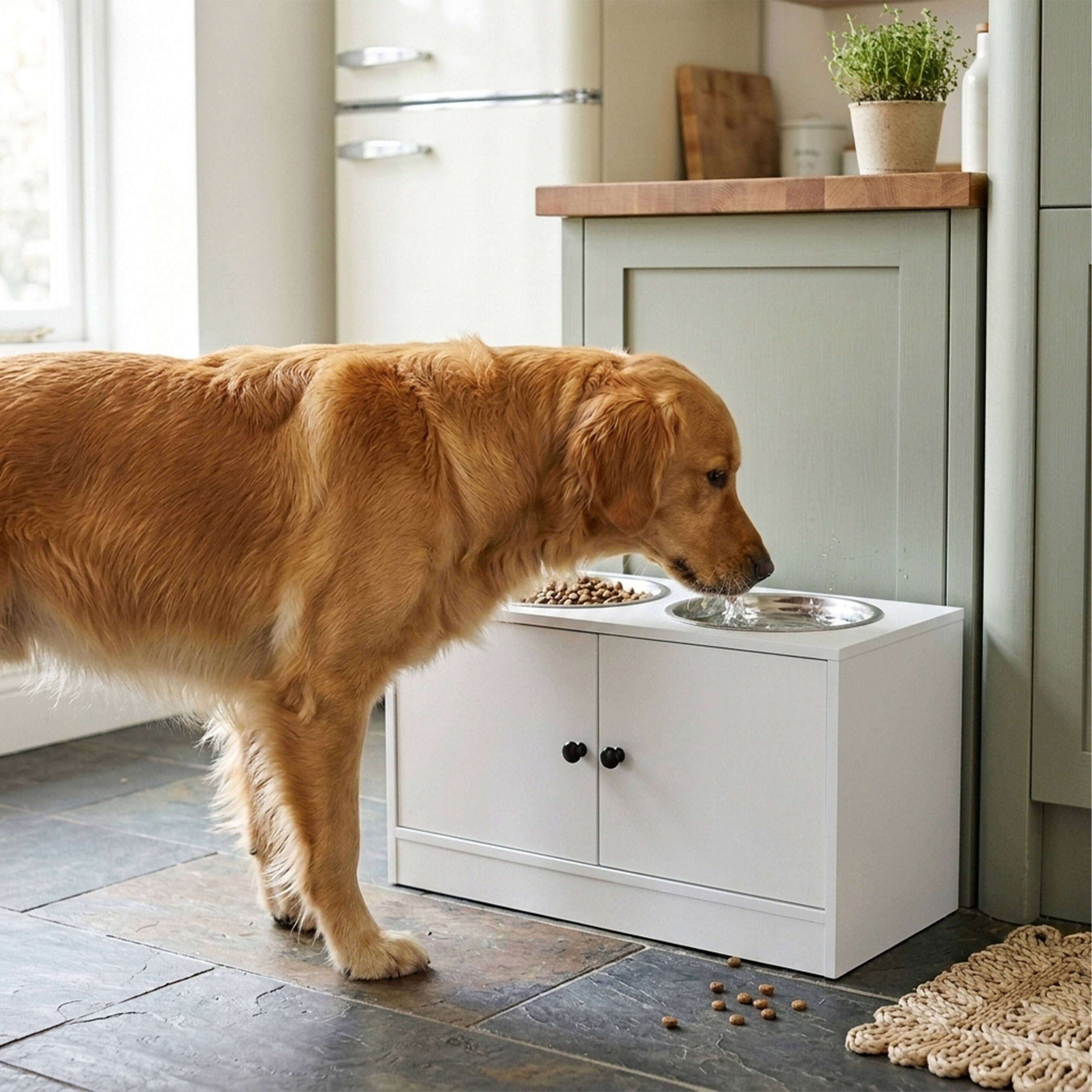 Ein goldener Retriever trinkt Wasser aus einer Schüssel auf einer weißen Station in einer Küche.