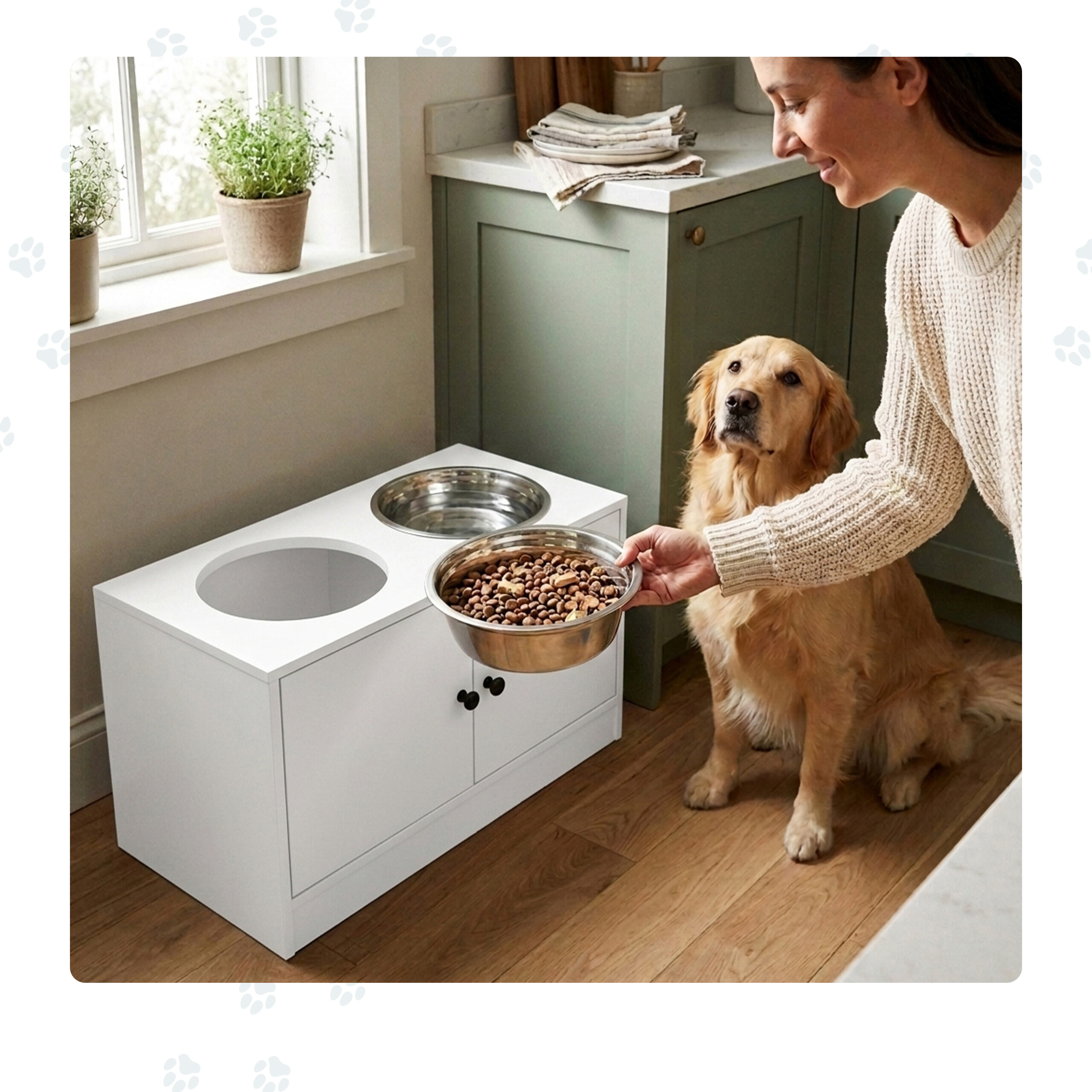 Eine Frau hält eine Futterschüssel für ihren Golden Retriever, der neben einer weißen Futterstation in der Küche sitzt.