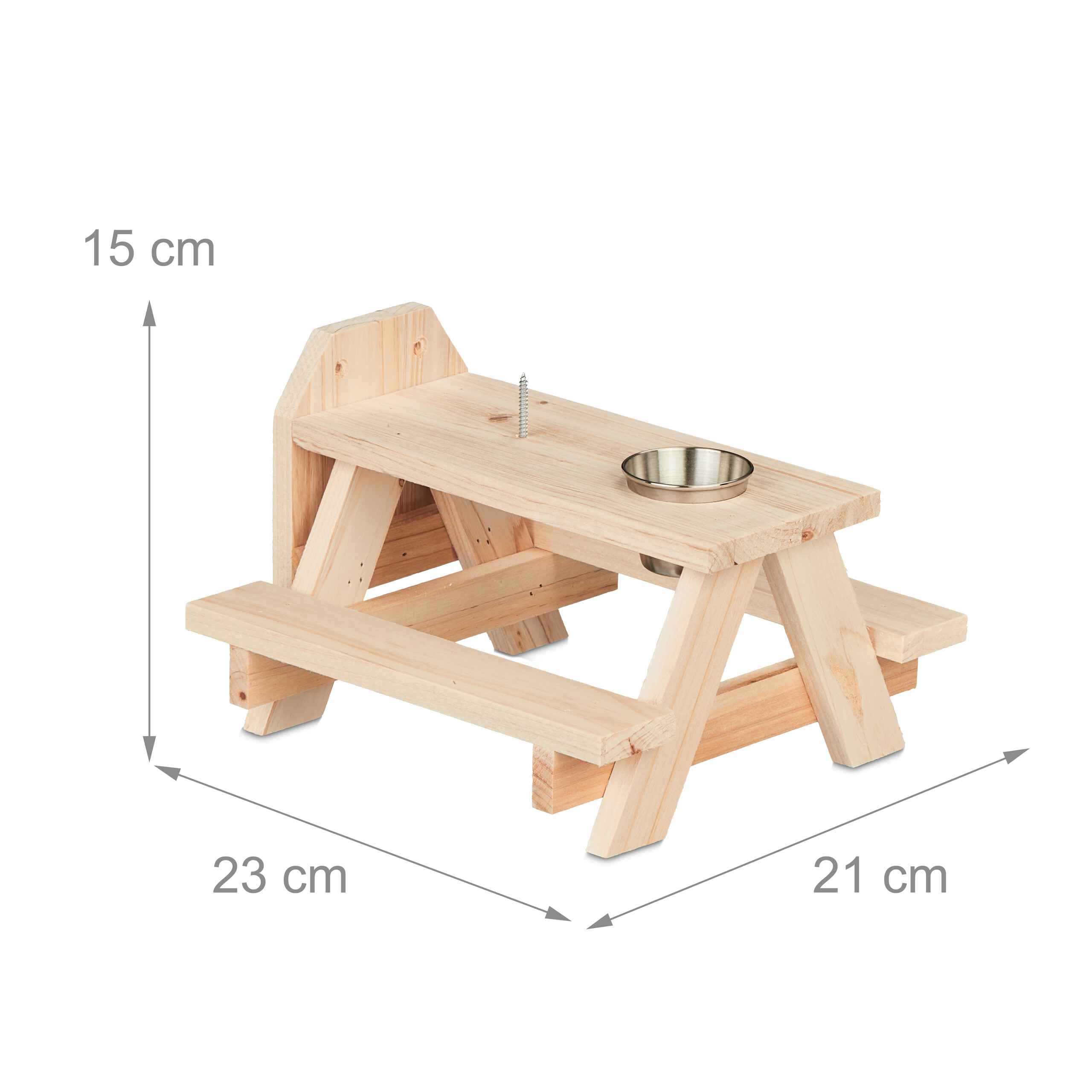 Kleiner Picknicktisch aus Holz mit integrierter Futterschüssel und Schraube, Maße 15x23x21 cm.