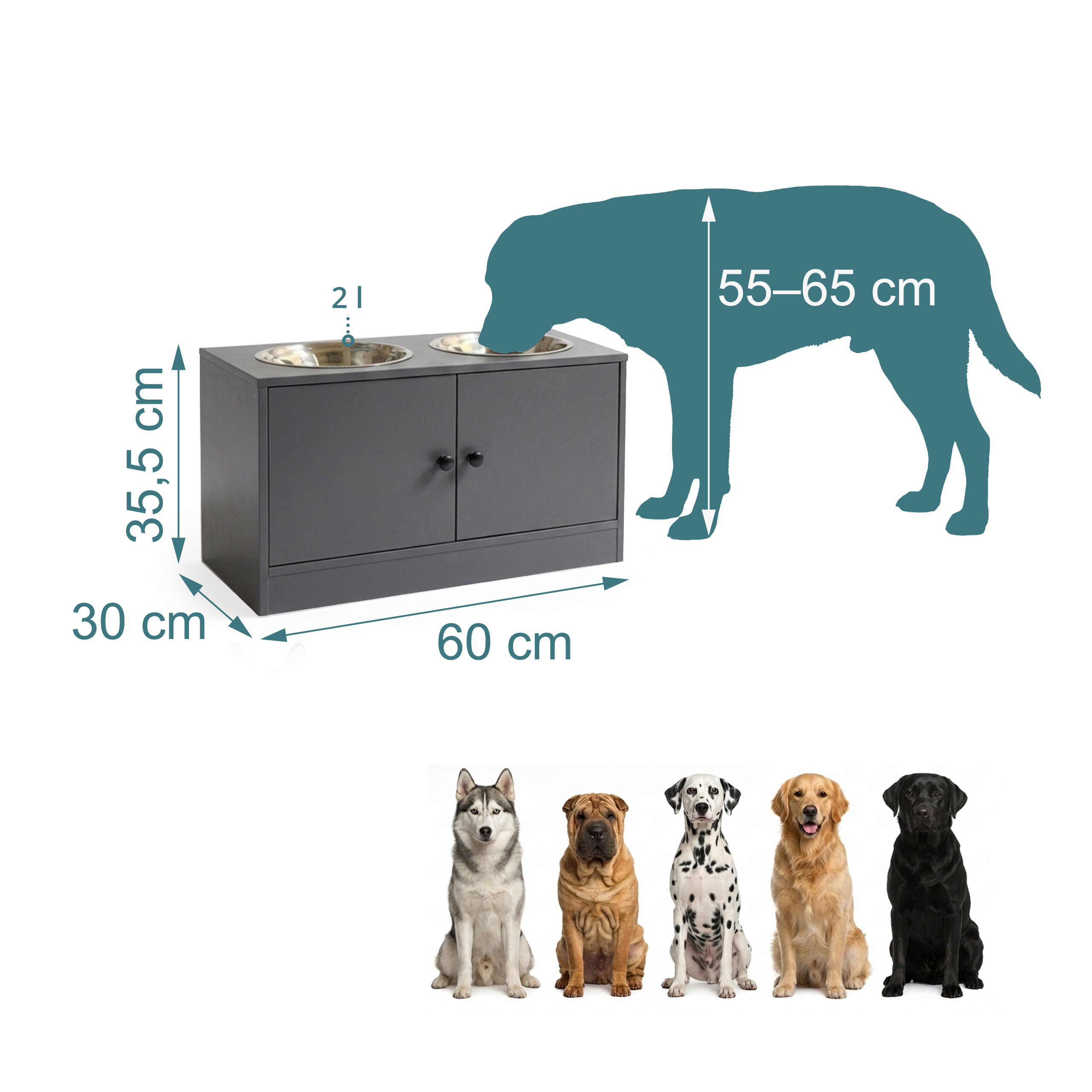 Grauer Hundenapfschrank mit Maßen (30x60x35,5 cm) und Hundesilhouette, plus fünf Hunderassen unten.