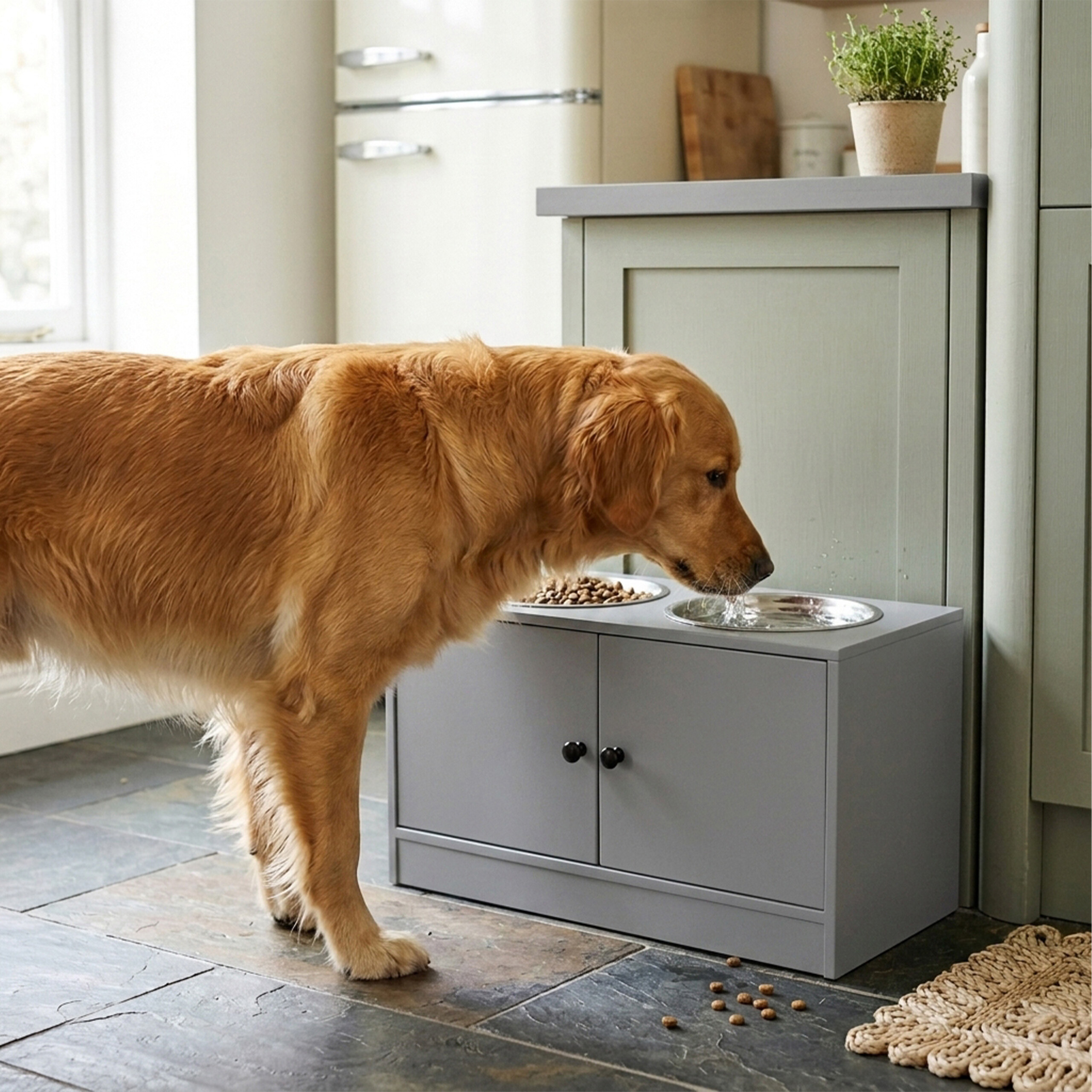 Ein Golden Retriever trinkt Wasser aus einem Napf auf einem grauen Schrank in einer Küche.