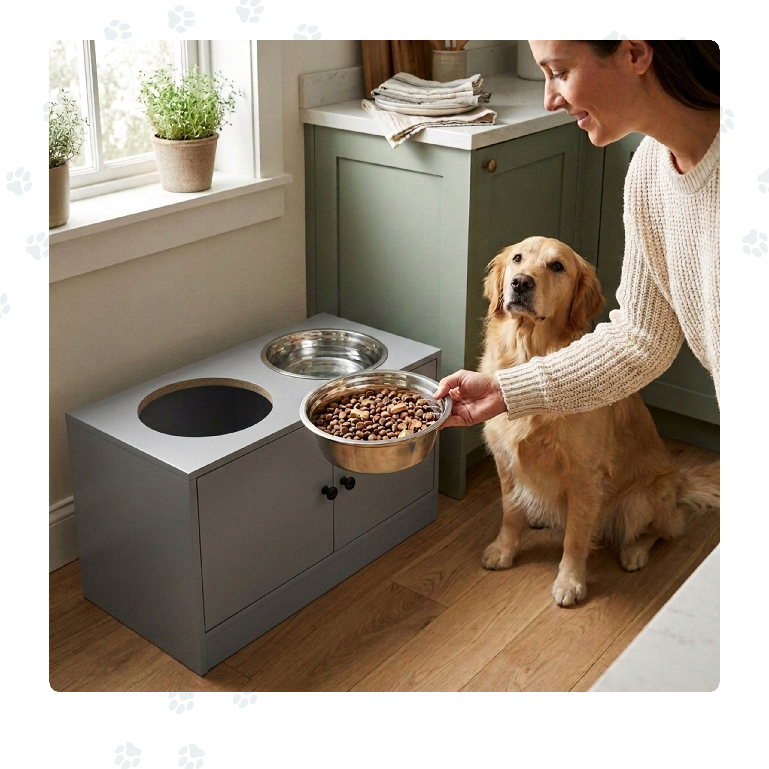 Eine Frau hält einen Napf mit Futter neben einem Golden Retriever und einem grauen Futtertisch.