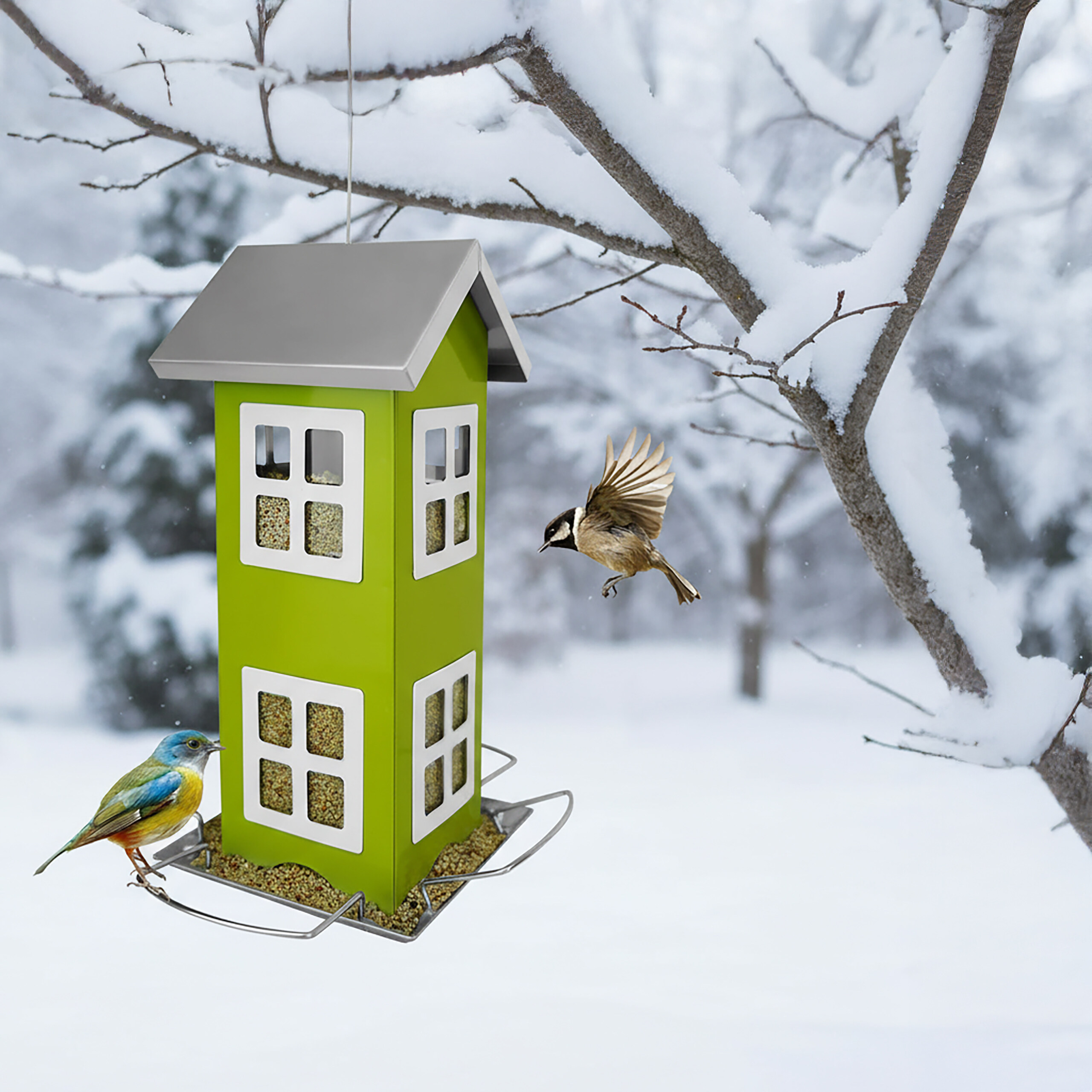 Ein grünes Vogelfutterhaus mit Vögeln hängt im verschneiten Winterwald.