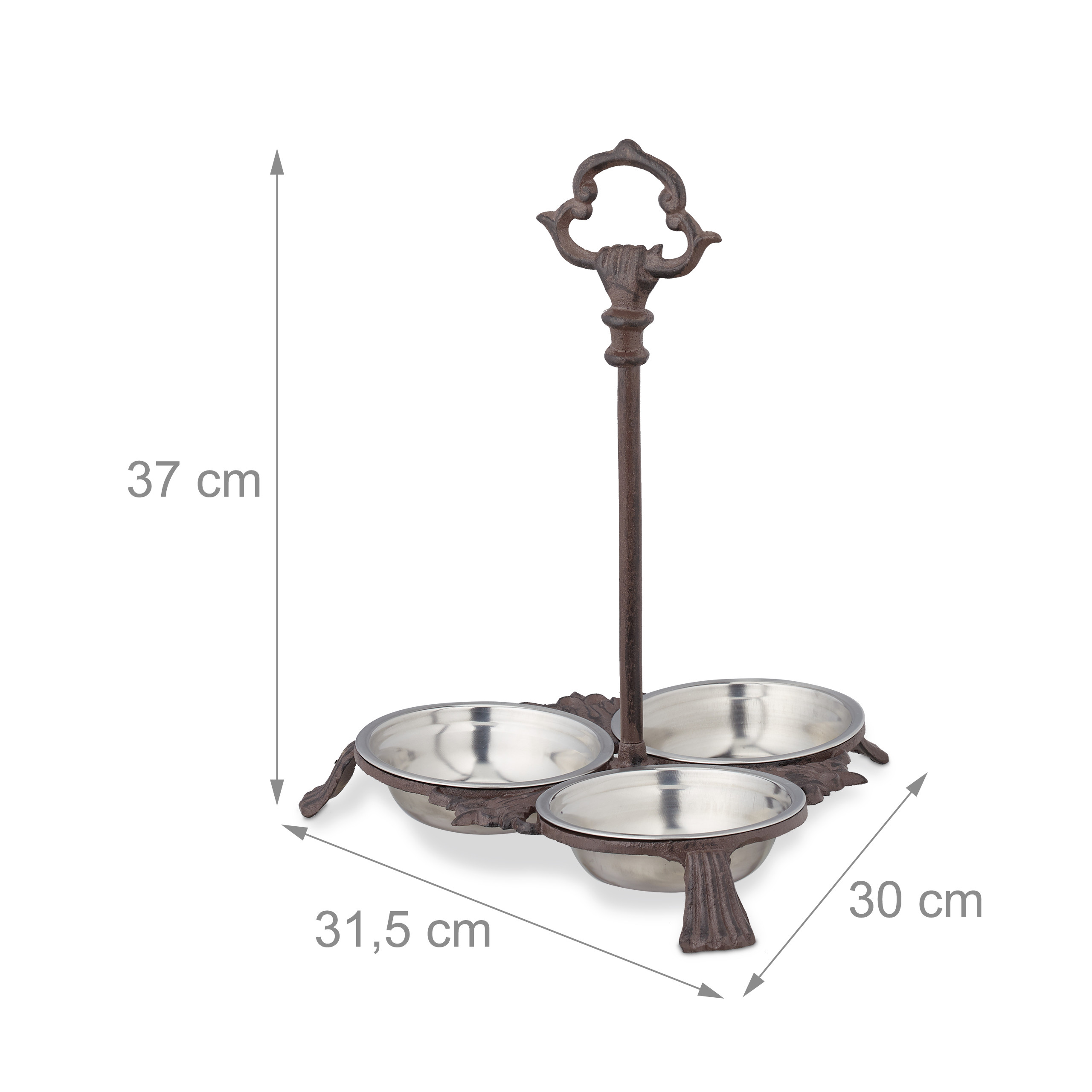 Ein rustikaler Servierständer mit drei Schalen und verziertem Griff, Maße 37 cm, 31,5 cm und 30 cm.