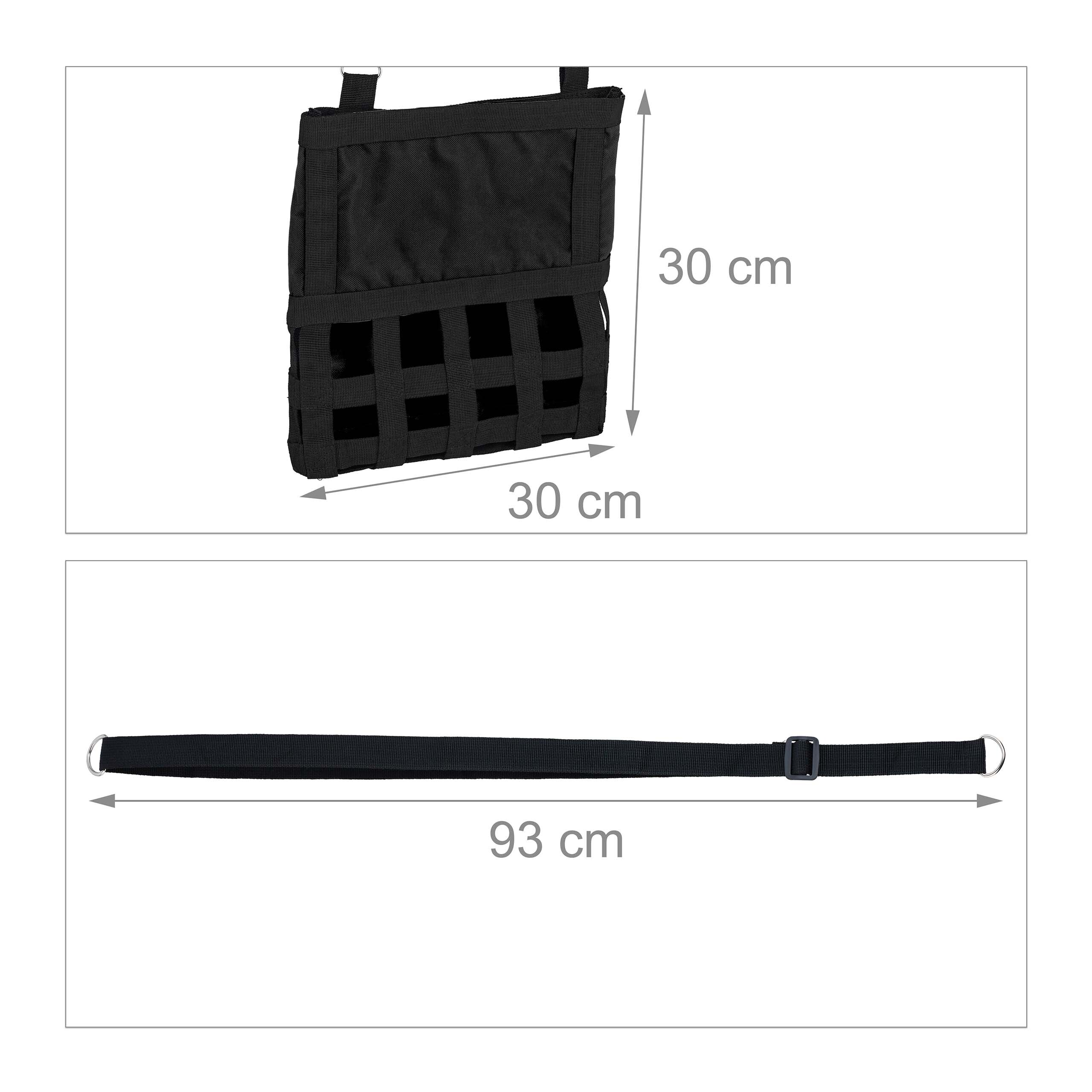 Zwei Diagramme zeigen eine 30x30 cm große schwarze Netztasche und einen 93 cm langen schwarzen Riemen mit Metallringen.