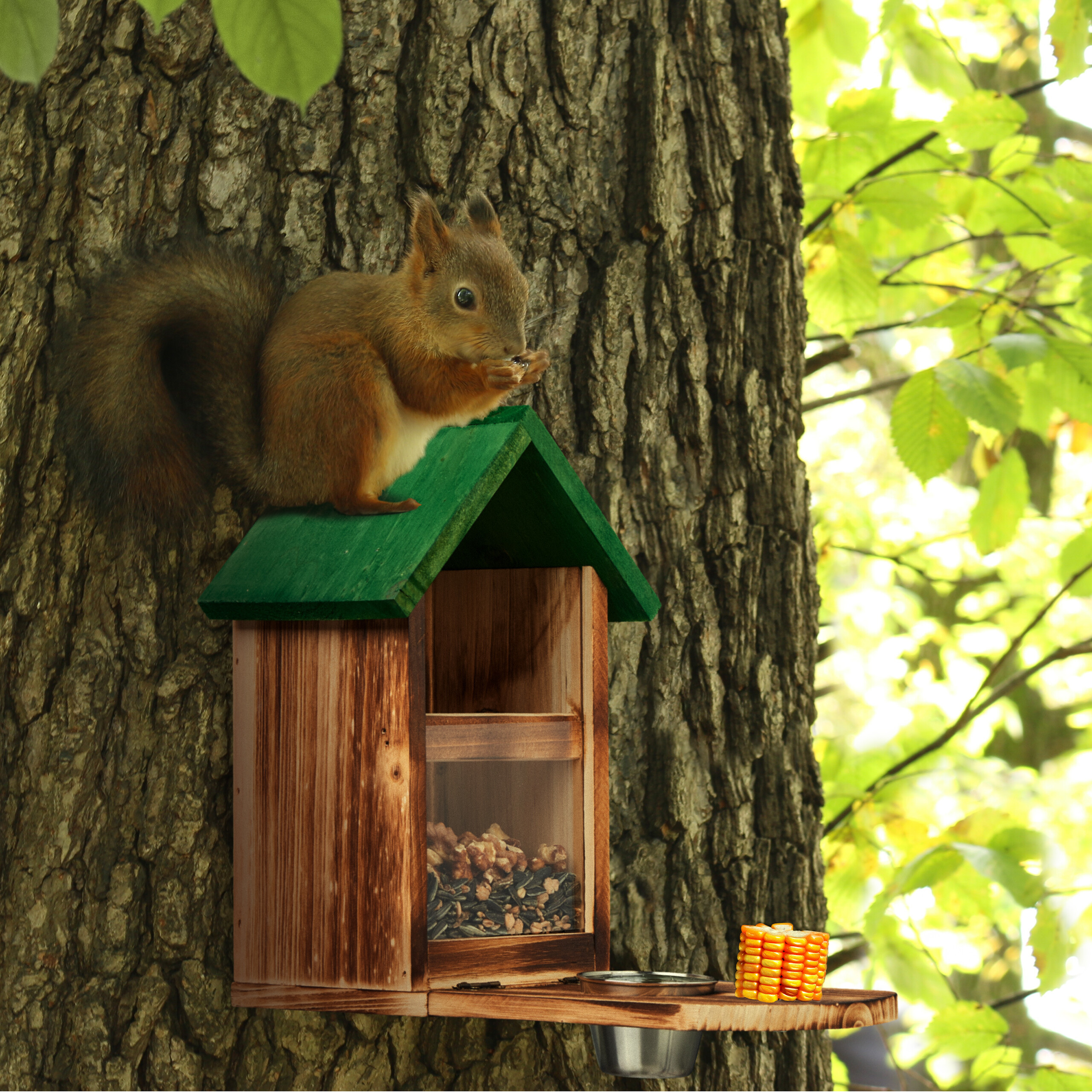 Ein rotes Eichhörnchen sitzt auf einem Holzhäuschen mit grünem Dach und frisst Nüsse.