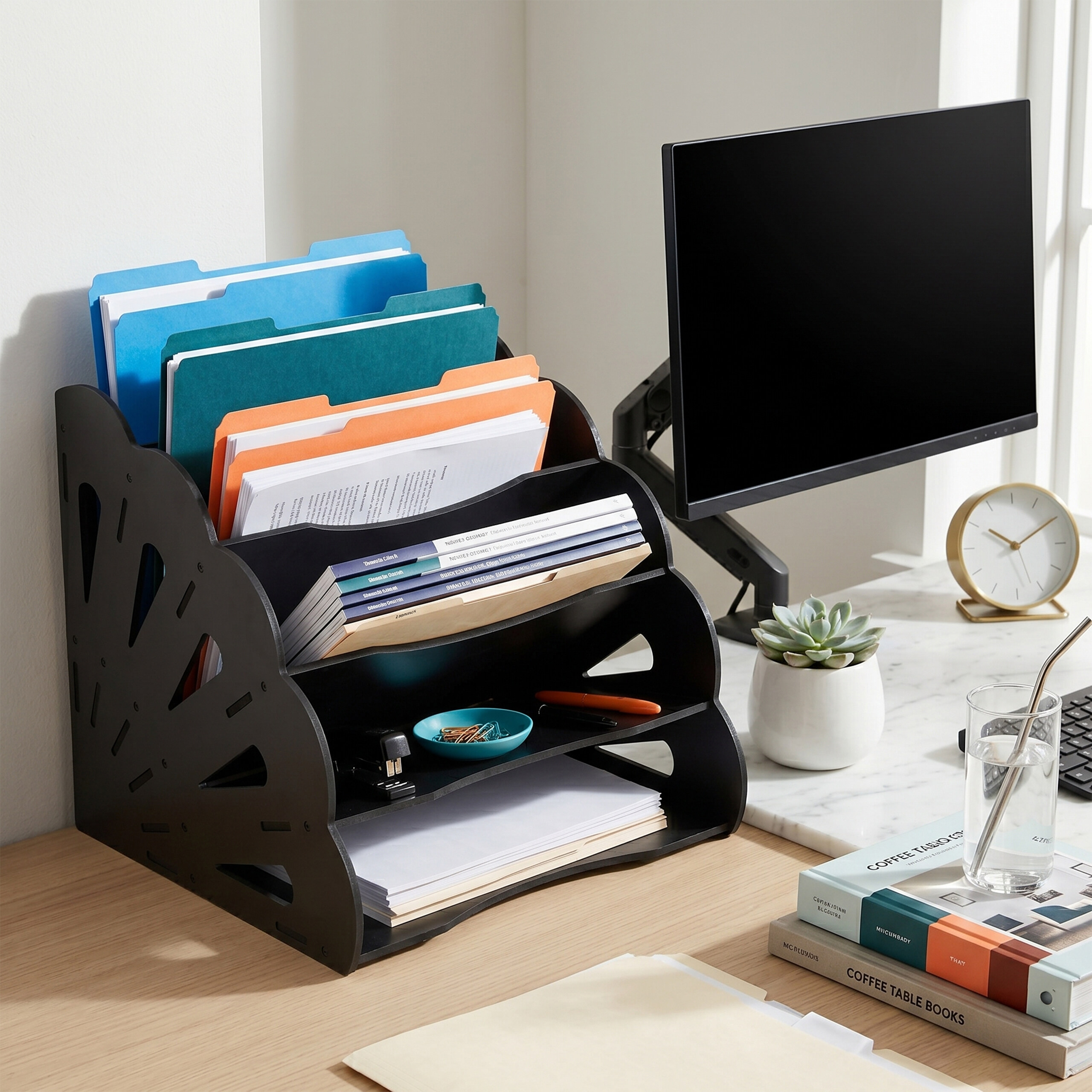 Ein schwarzer Dokumentenorganizer auf einem Holztisch mit farbigen Ordnern, einem Computer und Zubehör.