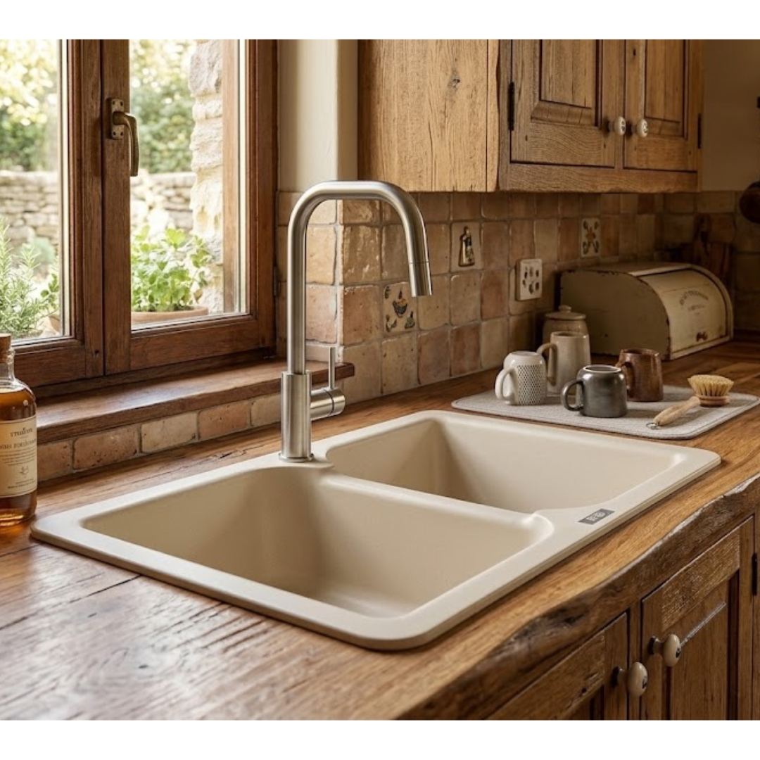 Un lavello doppio color crema con rubinetto moderno in una cucina rustica con piano in legno e piastrelle.
