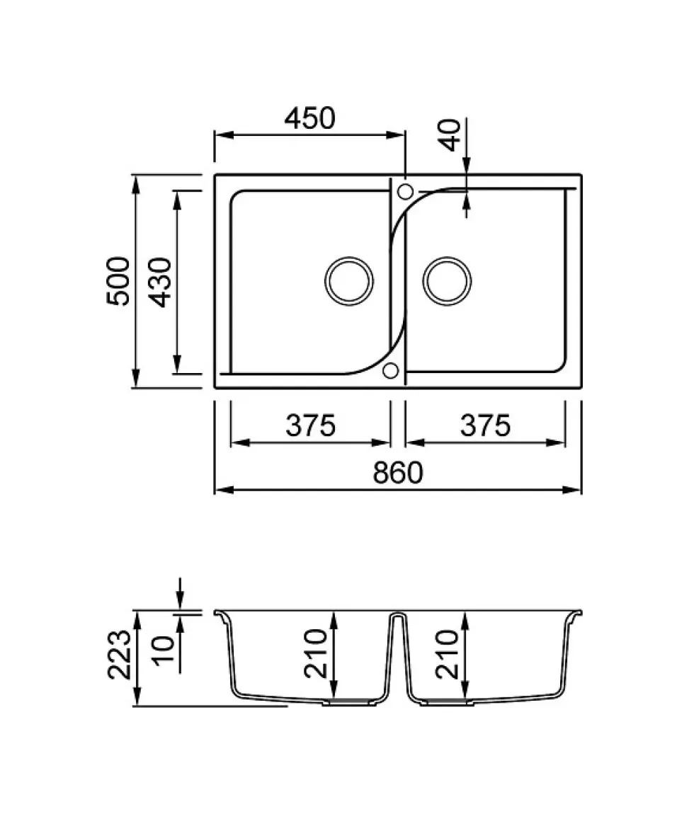 Disegno tecnico di un lavello a due vasche con misure in mm.