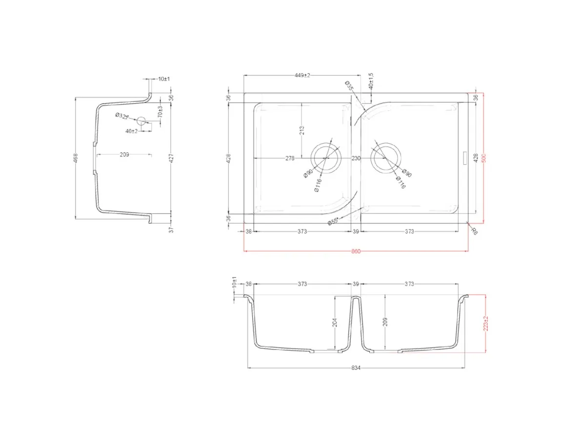 Disegno tecnico di un lavello da cucina a due vasche con misure precise in mm.