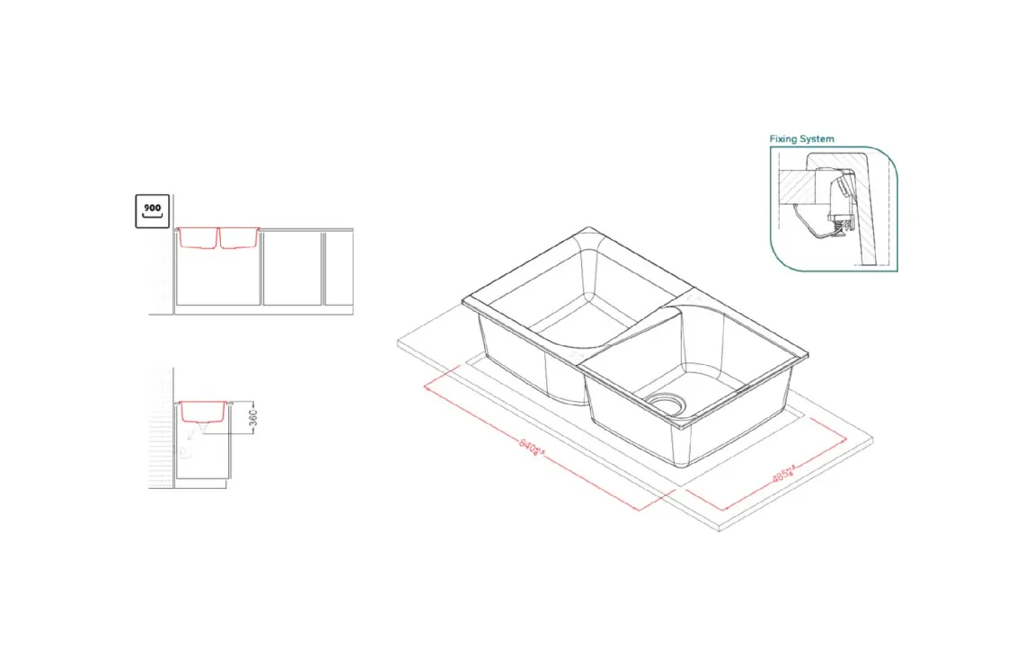 Disegno tecnico di un lavello doppio con dimensioni e schema di fissaggio.