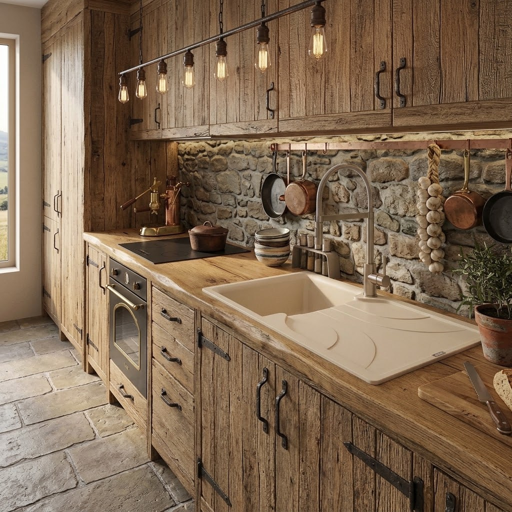 Cucina rustica con mobili in legno, parete in pietra, lavello bianco e pentole in rame appese.
