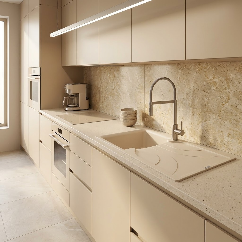 Una moderna e minimalista cucina beige con armadietti eleganti, paraschizzi in marmo e lavello integrato.
