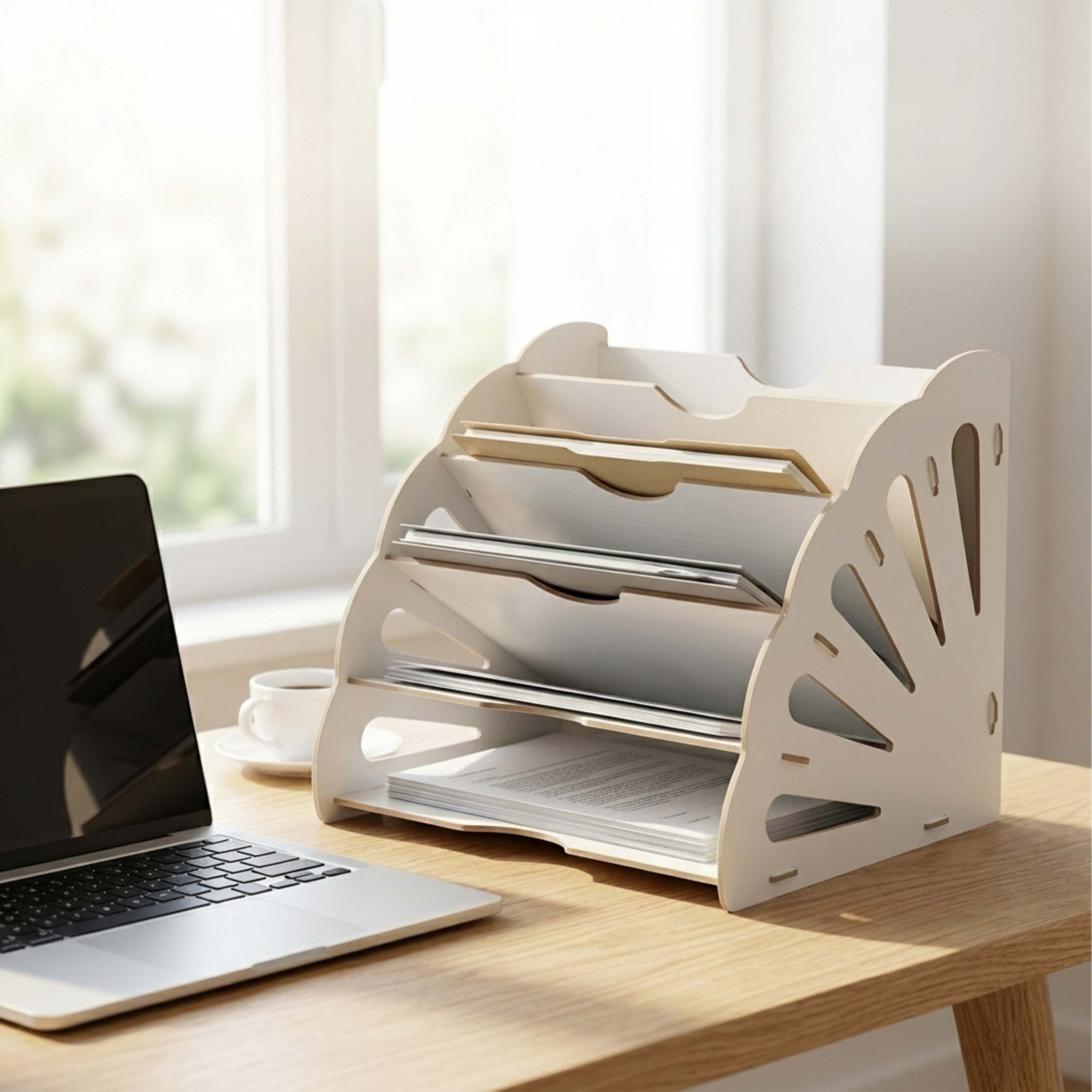 Ein weißer Holzschreibtisch-Aktenordner mit Dokumenten steht neben einem Laptop auf einem Holztisch vor einem Fenster.