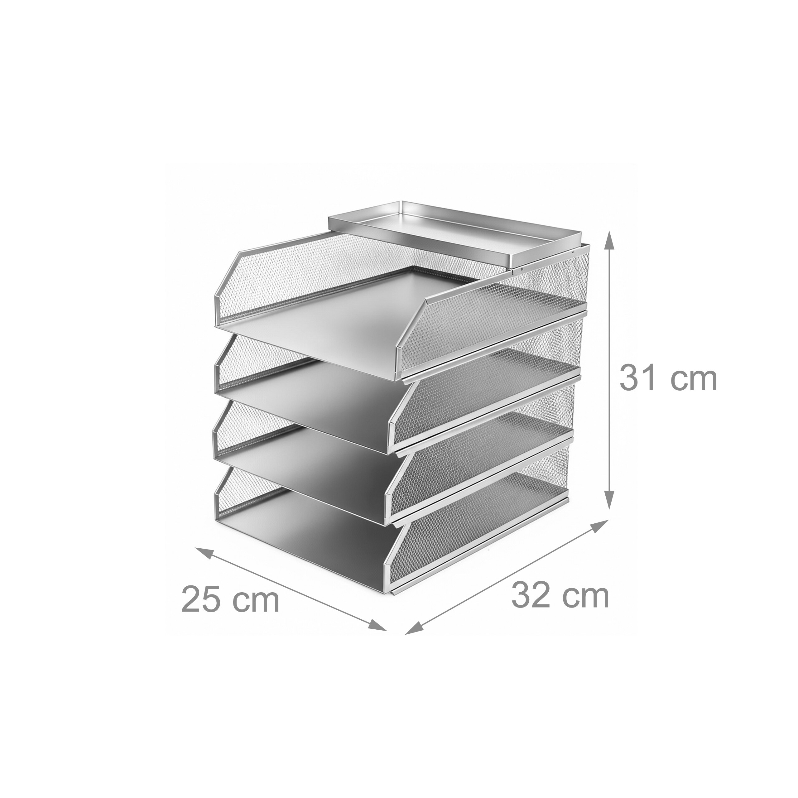 Grauer Schreibtisch-Dokumentenhalter aus Metall mit vier Fächern und Maßen.