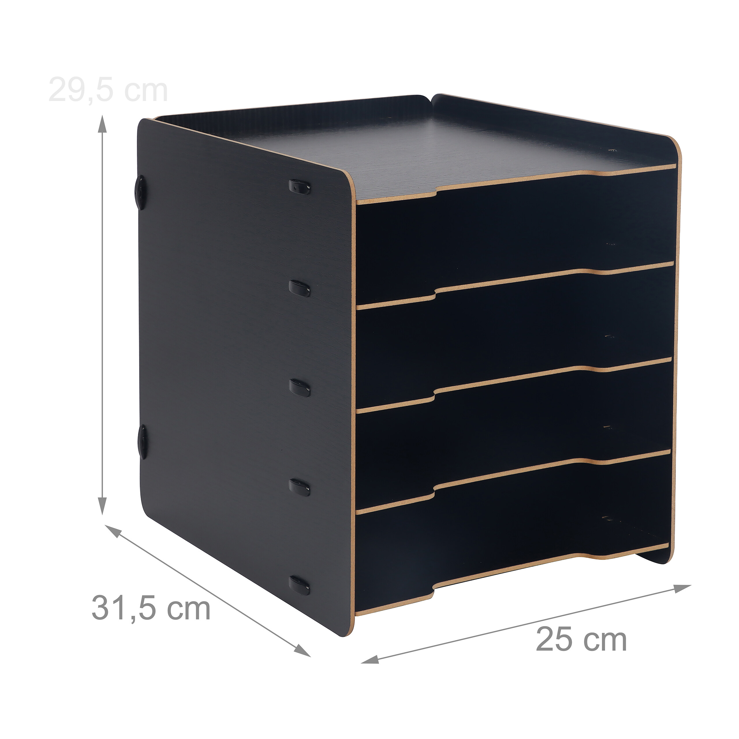 Ein schwarzer Holz-Schreibtisch-Organizer mit fünf Fächern und Maßangaben auf weißem Hintergrund.