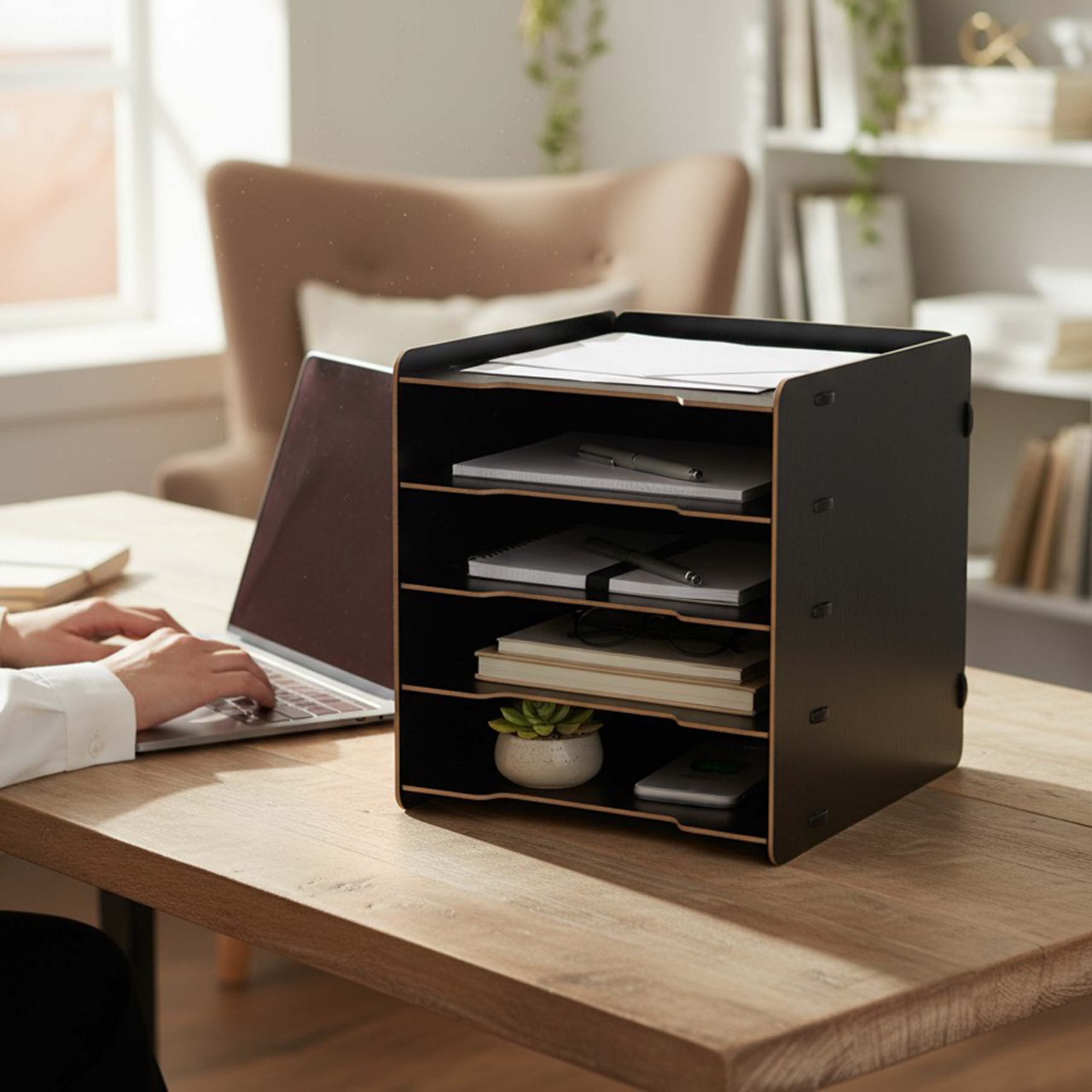 Ein schwarzer Dokumentenorganizer mit fünf Fächern steht auf einemHolztisch, daneben tippt jemand am Laptop.