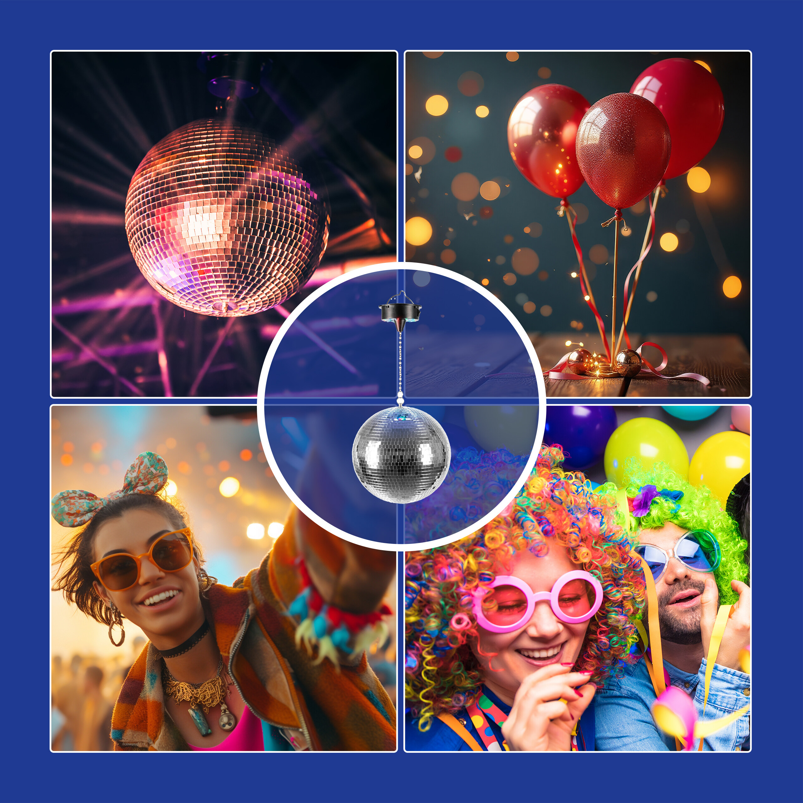 Eine Collage mit einer Diskokugel, roten Ballons, einer lächelnden Frau und Menschen in Perücken.