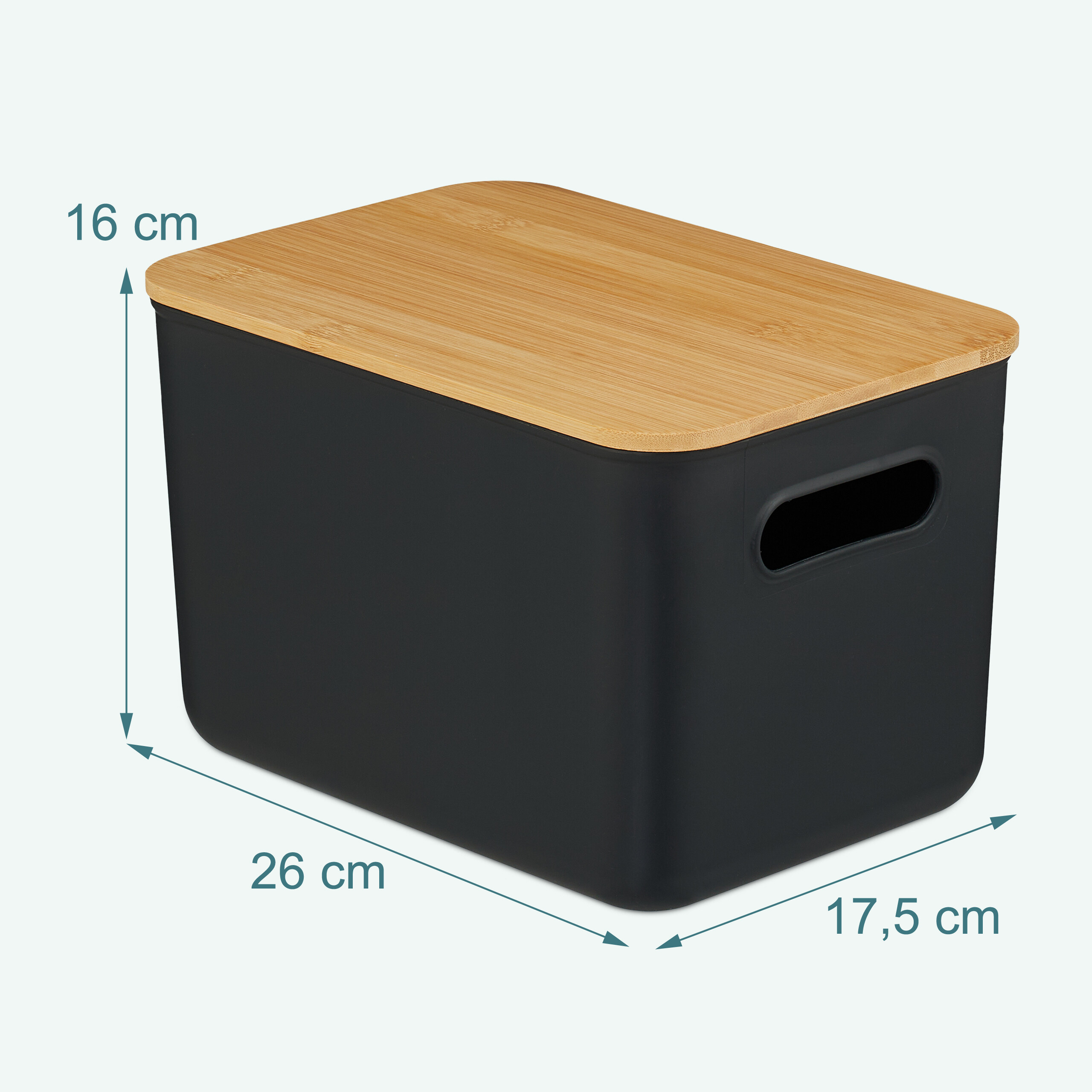 Schwarze Aufbewahrungsbox mit Holzdeckel, Abmessungen: 26x17,5x16 cm.