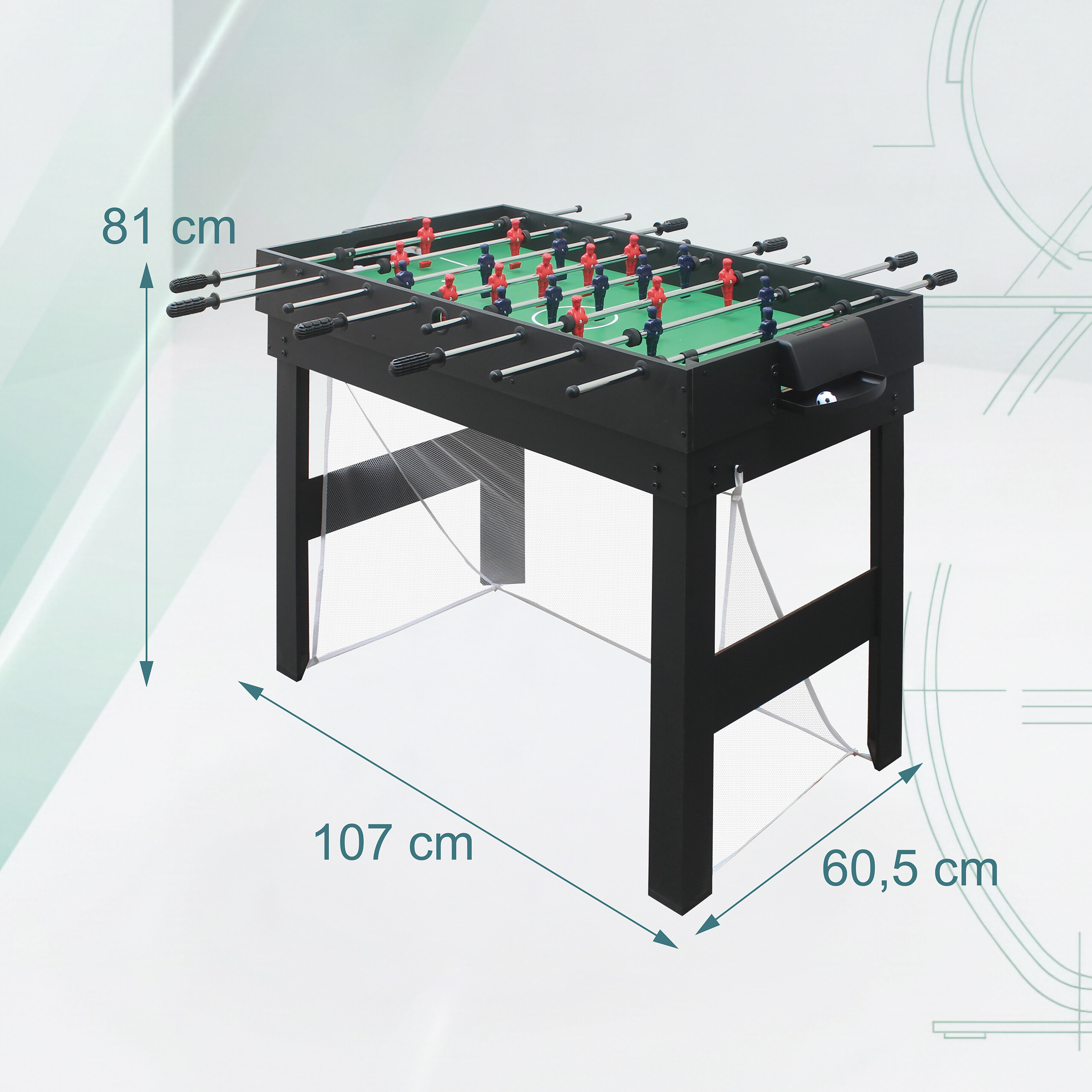 Ein schwarzer Tischkicker mit grüner Spielfläche und roten sowie blauen Figuren, Maße 107x60,5x81 cm.