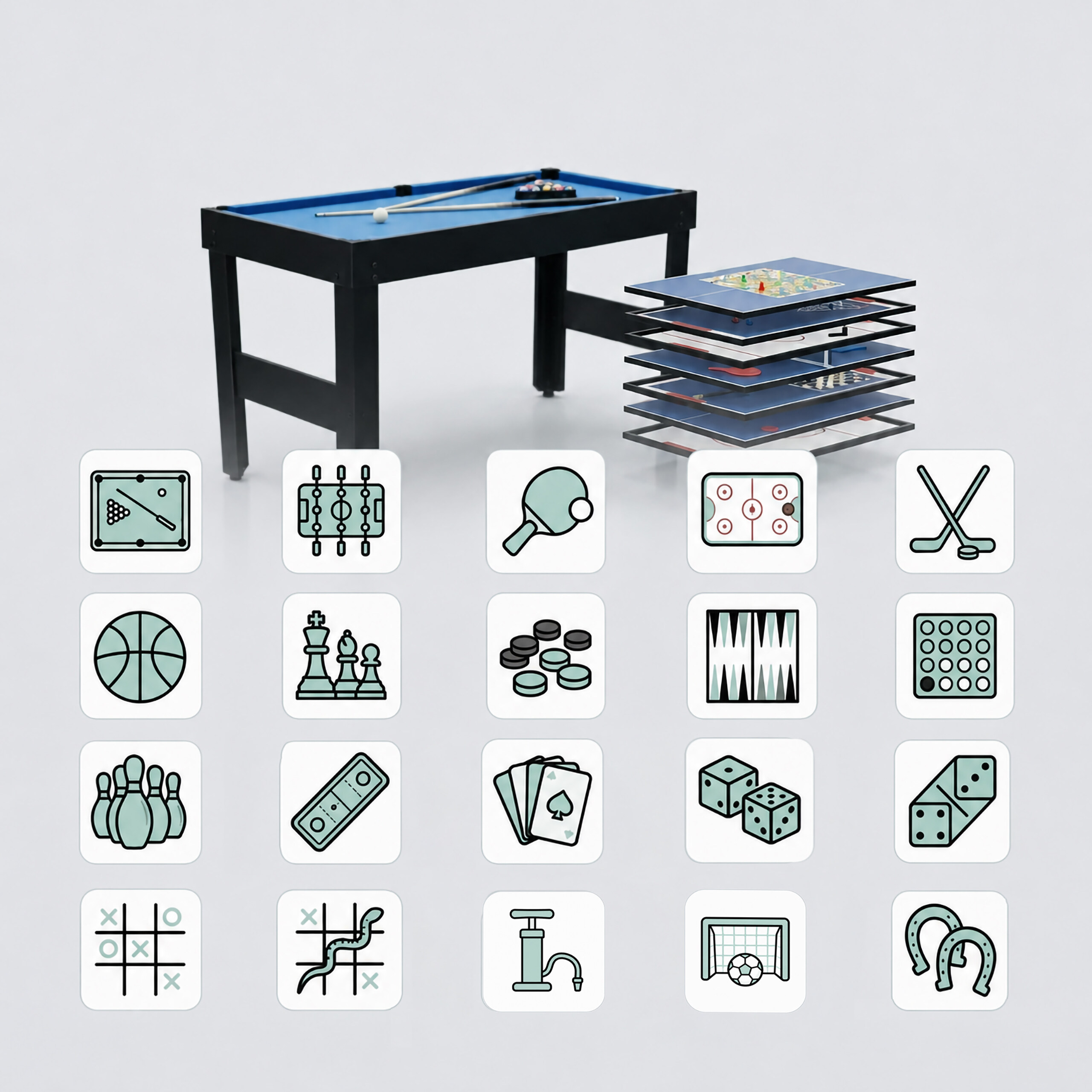 Multifunktionstisch mit austauschbaren Spielplatten und verschiedenen Icons für Brettspiele.