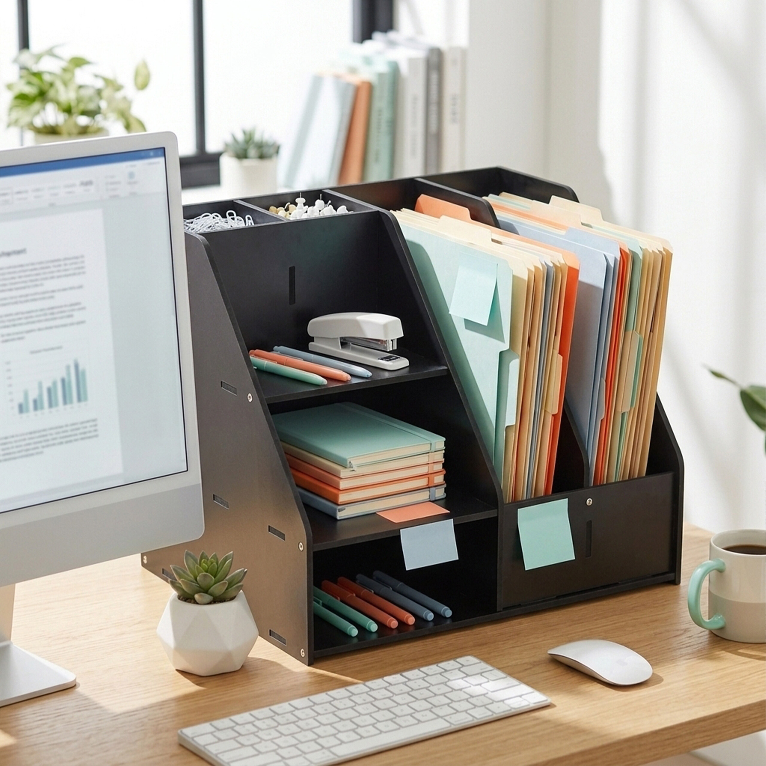 Ein schwarzer Schreibtischorganizer voller Ordner, Notizbücher und Büromaterial steht neben einem Computer.