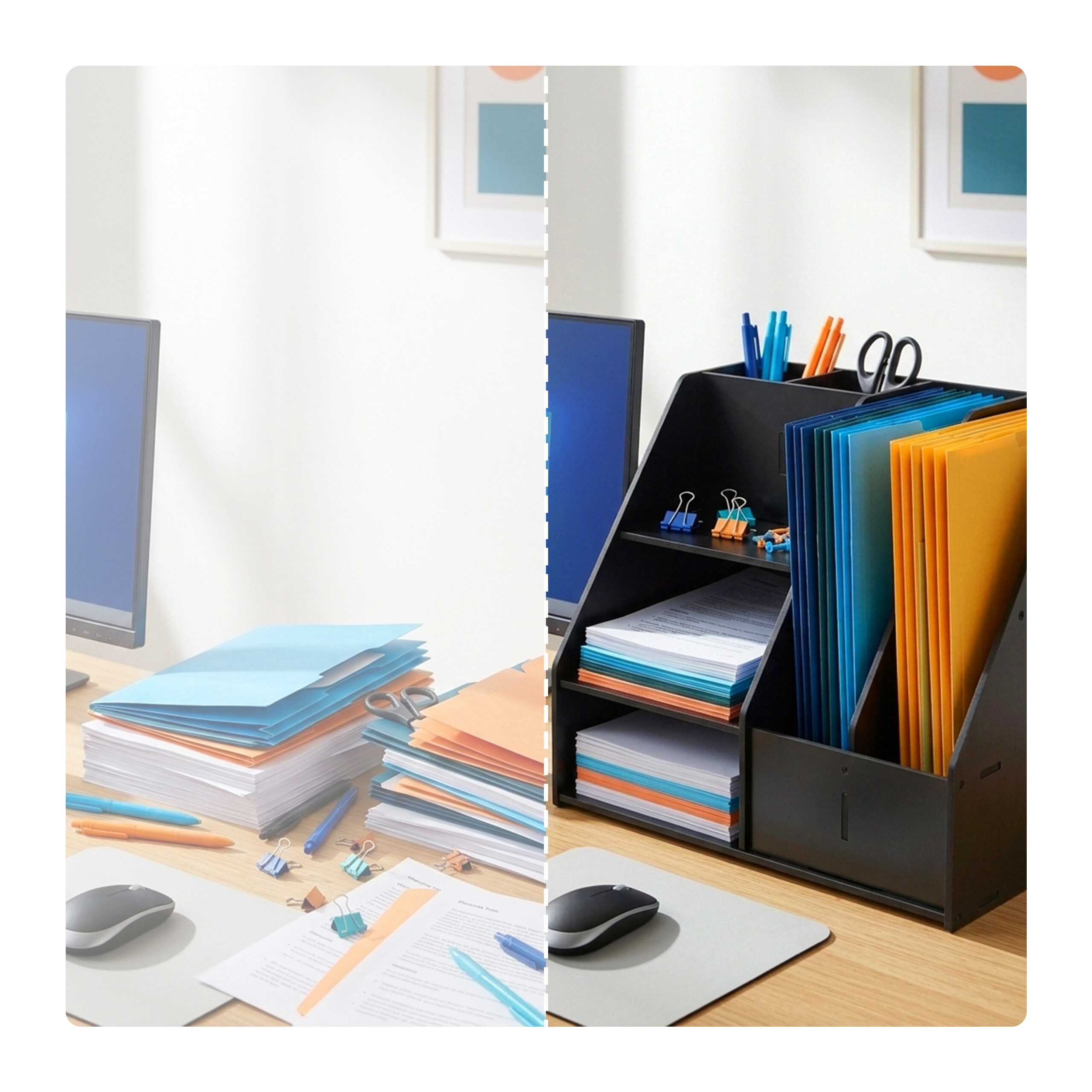 Vergleich eines unordentlichen Schreibtischs mit losem Papier und einem aufgeräumten Schreibtisch mit einem Organizer.