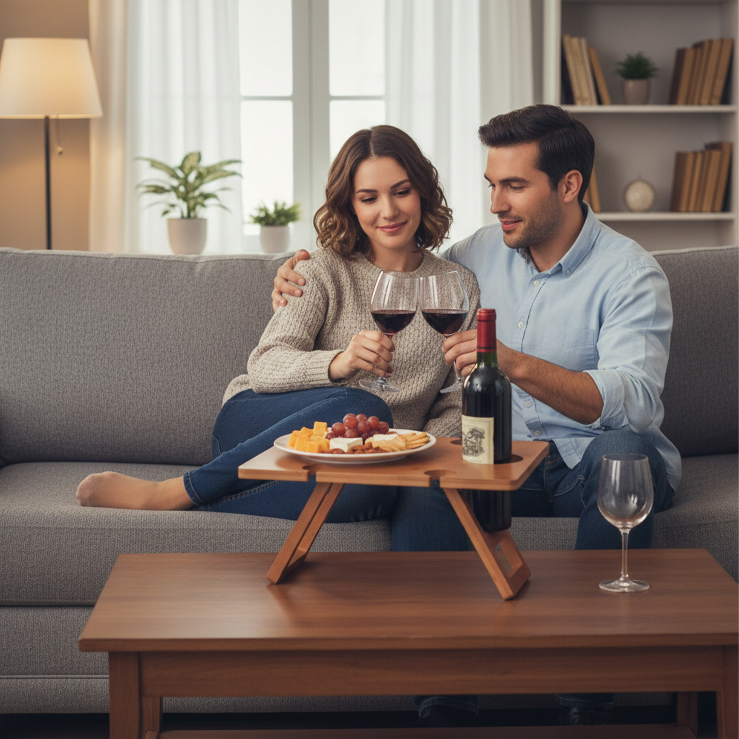 Ein lächelndes Paar sitzt auf einem grauen Sofa, stößt mit Rotwein an und teilt sich einen kleinen Tisch.