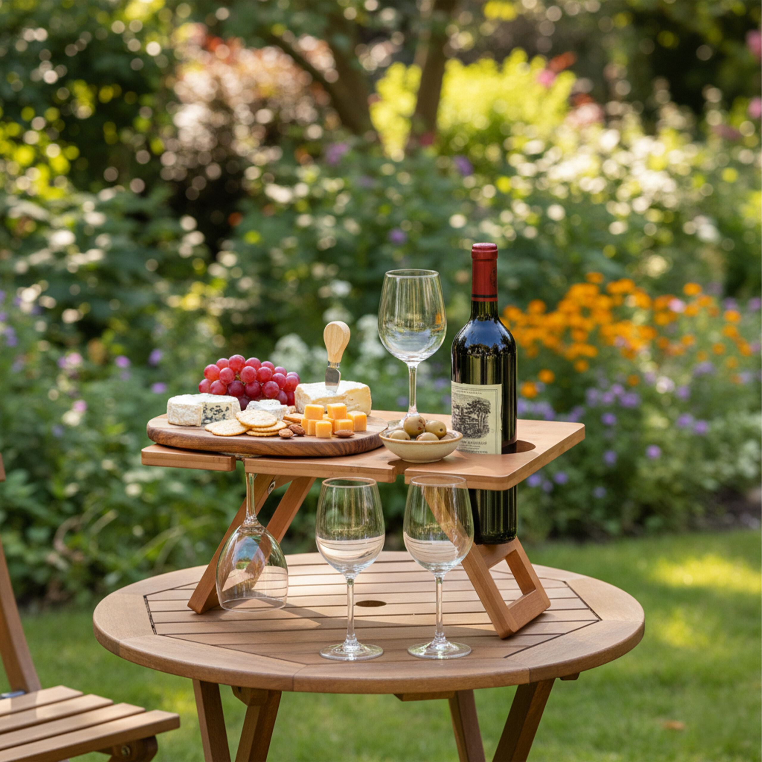 Ein hölzerner Picknicktisch mit Wein, Käse, Crackern und Trauben steht in einem üppigen Garten.