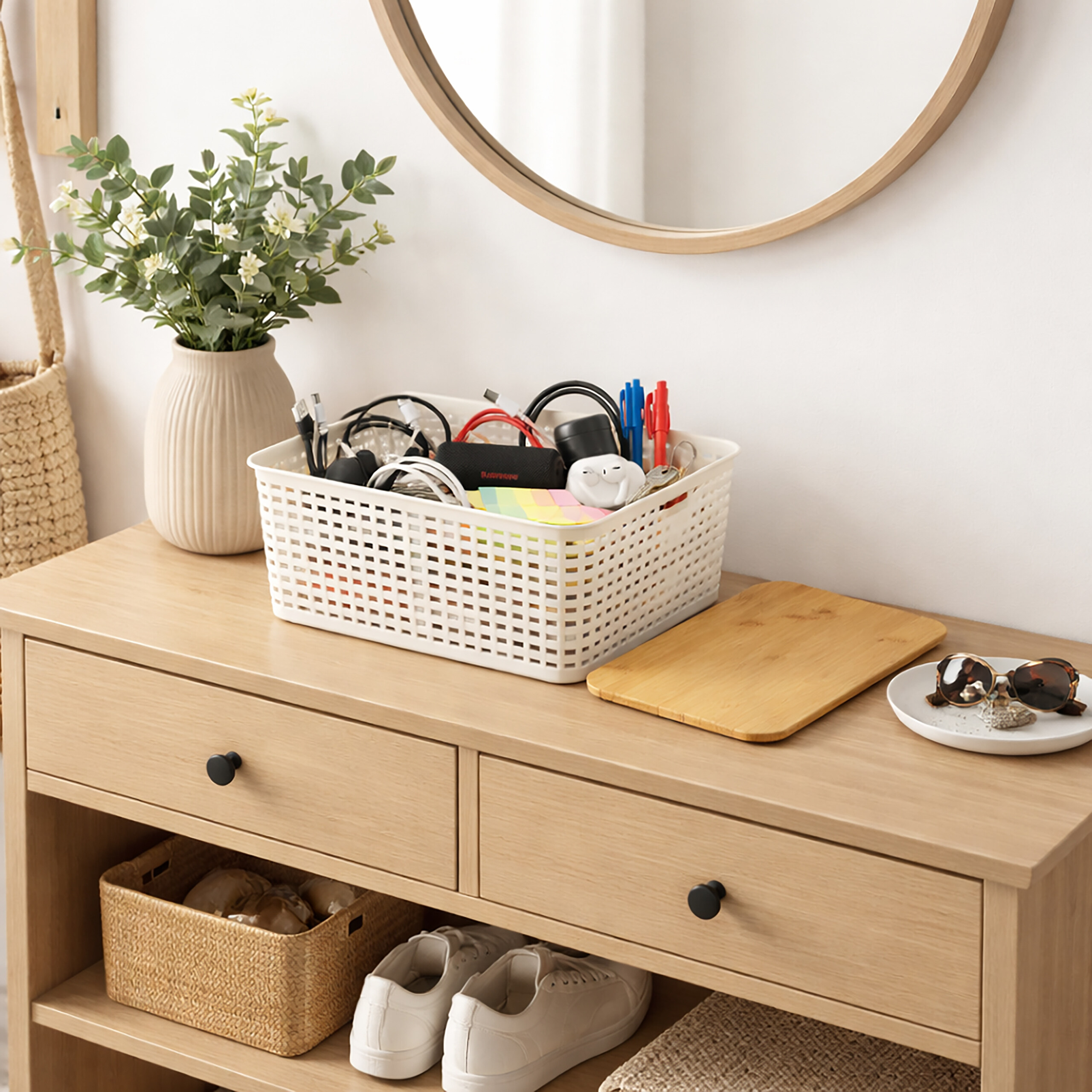 Holzkommode mit weißem Korb voller Kabel, Vase, Schneidebrett, Sonnenbrille und rundem Spiegel an weißer Wand.