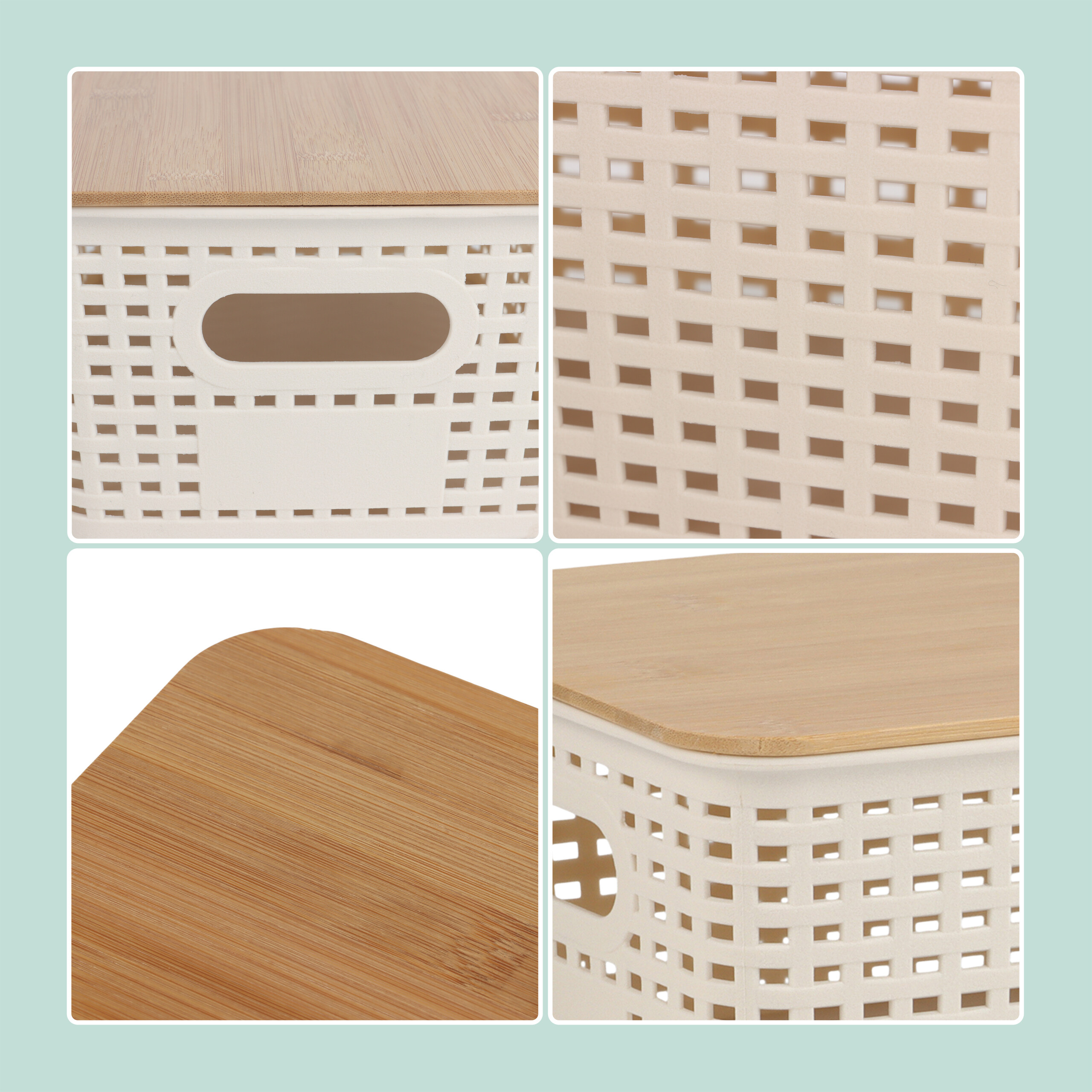 Vier Ausschnitte einer Aufbewahrungsbox aus weißem Kunststoff mit Flechtmuster und Holzdeckel.