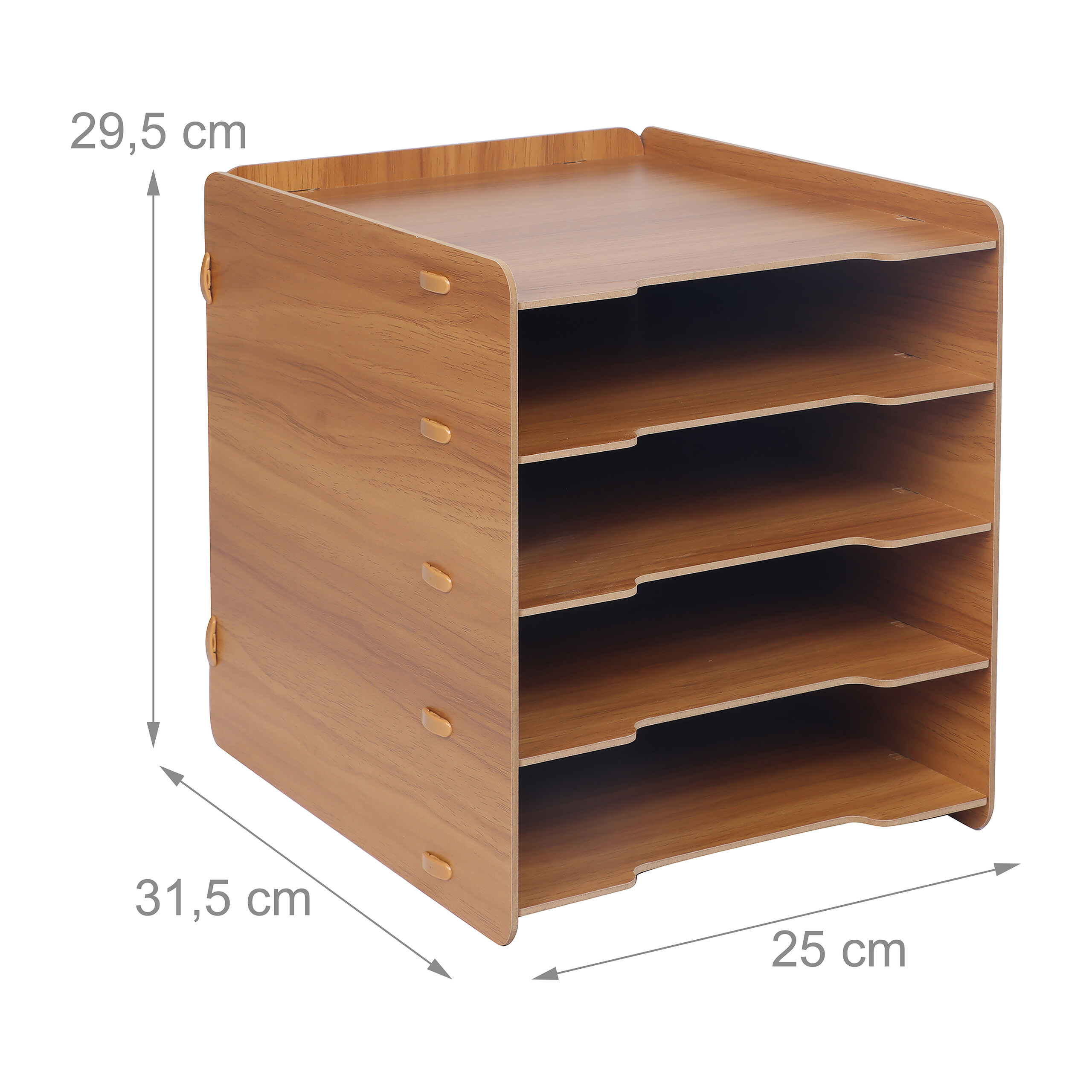 Holzfarbener Dokumentenorganizer mit fünf Fächern und Abmessungen von 29,5 x 31,5 x 25 cm.