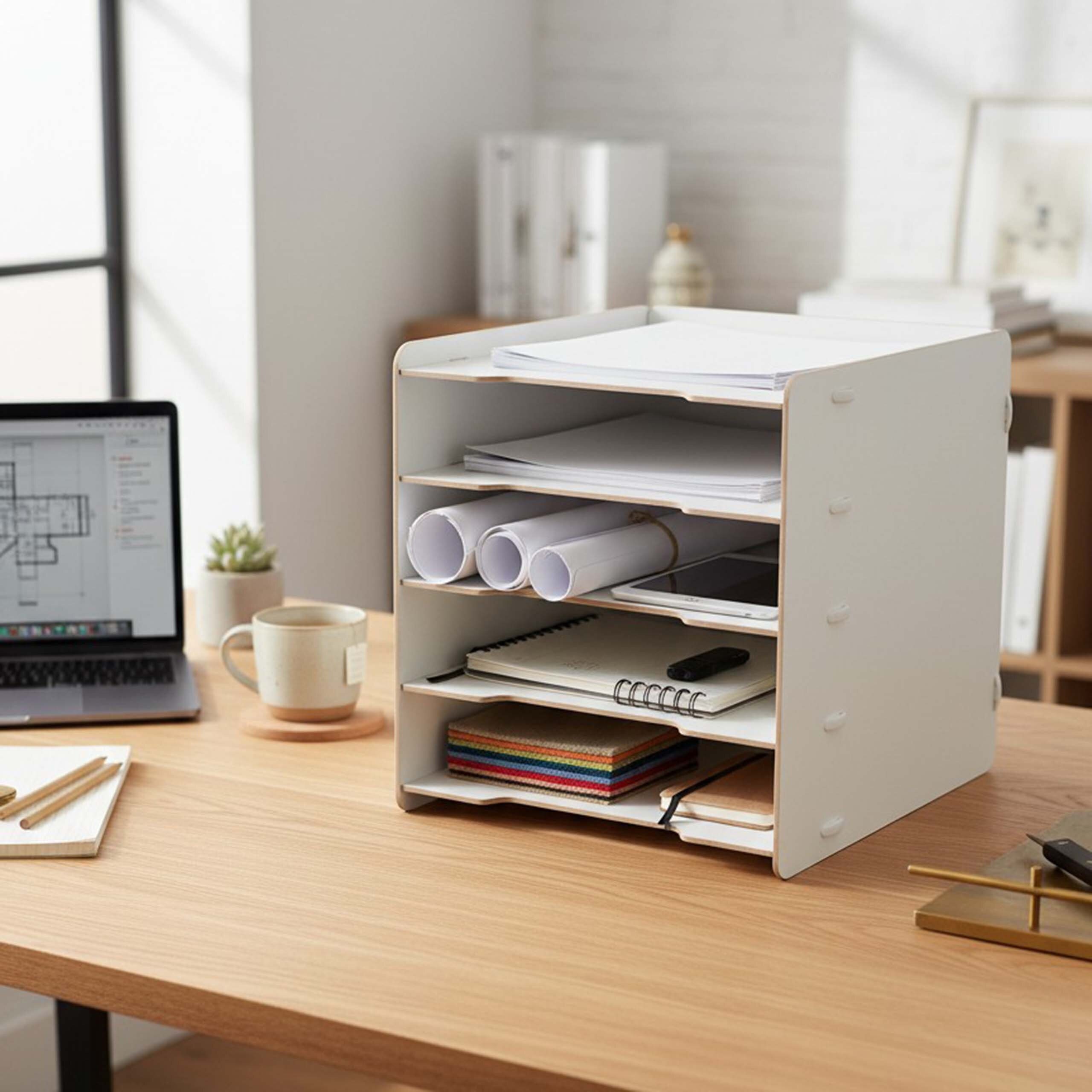 Ein weißer Holz-Schreibtischorganizer hält Papier, gerollte Blaupausen, ein Tablet und bunte Stoffe.
