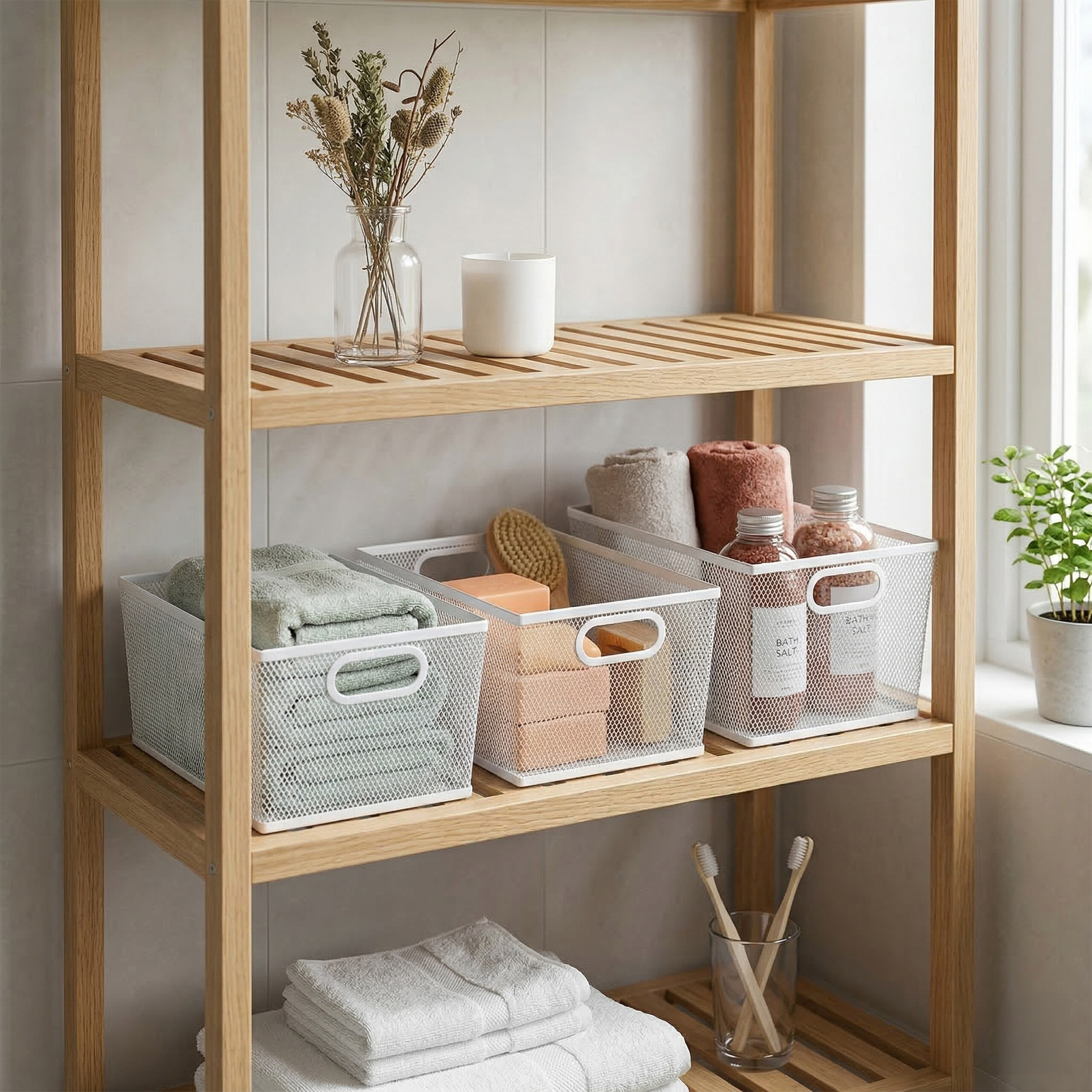 Ein Holzregal enthält weiße Drahtkörbe mit gefalteten Handtüchern, Badesalz und Pflegeprodukten in einem hellen Bad.
