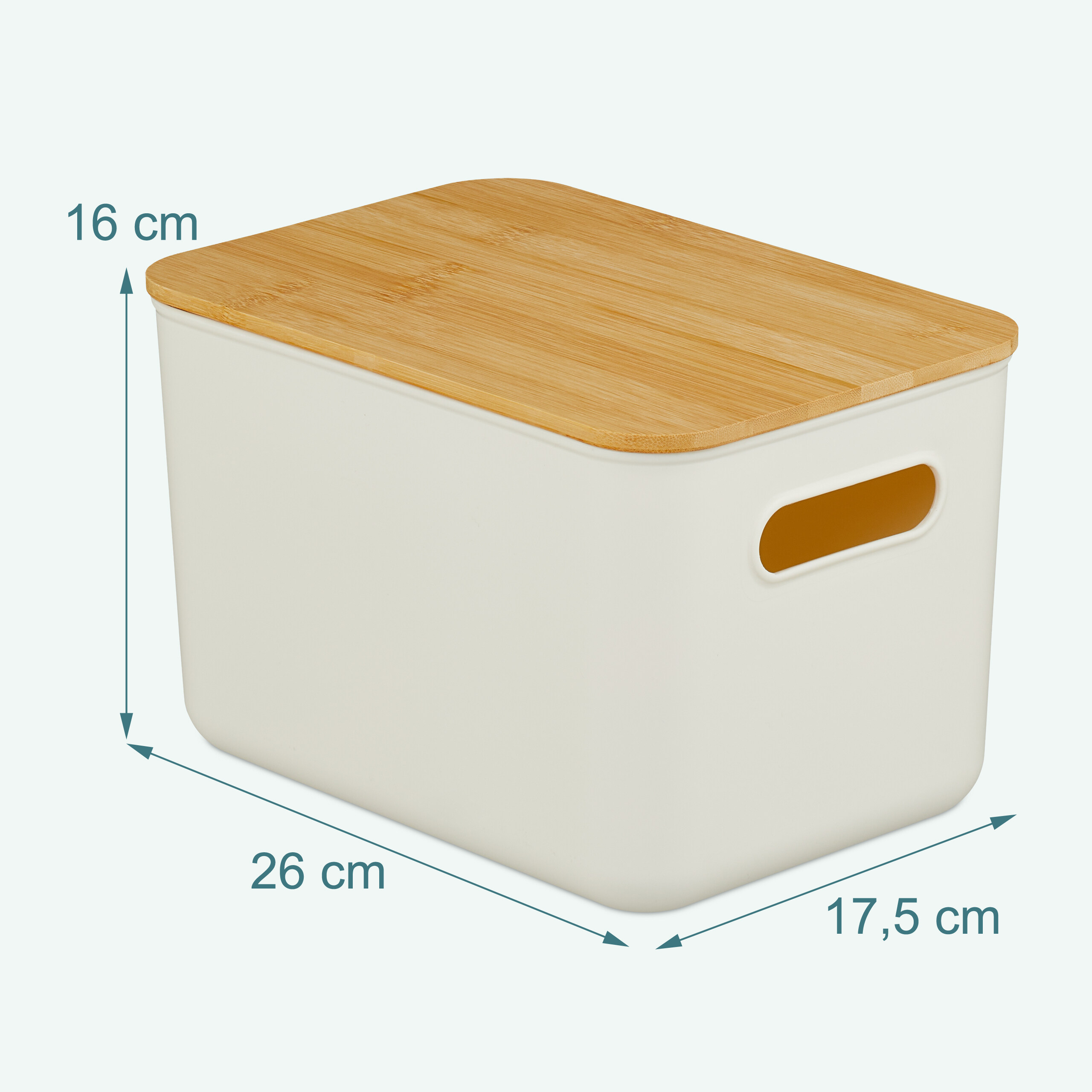 Beige Aufbewahrungsbox mit Holzdeckel und Maßen: 26 cm Länge, 17,5 cm Breite, 16 cm Höhe.