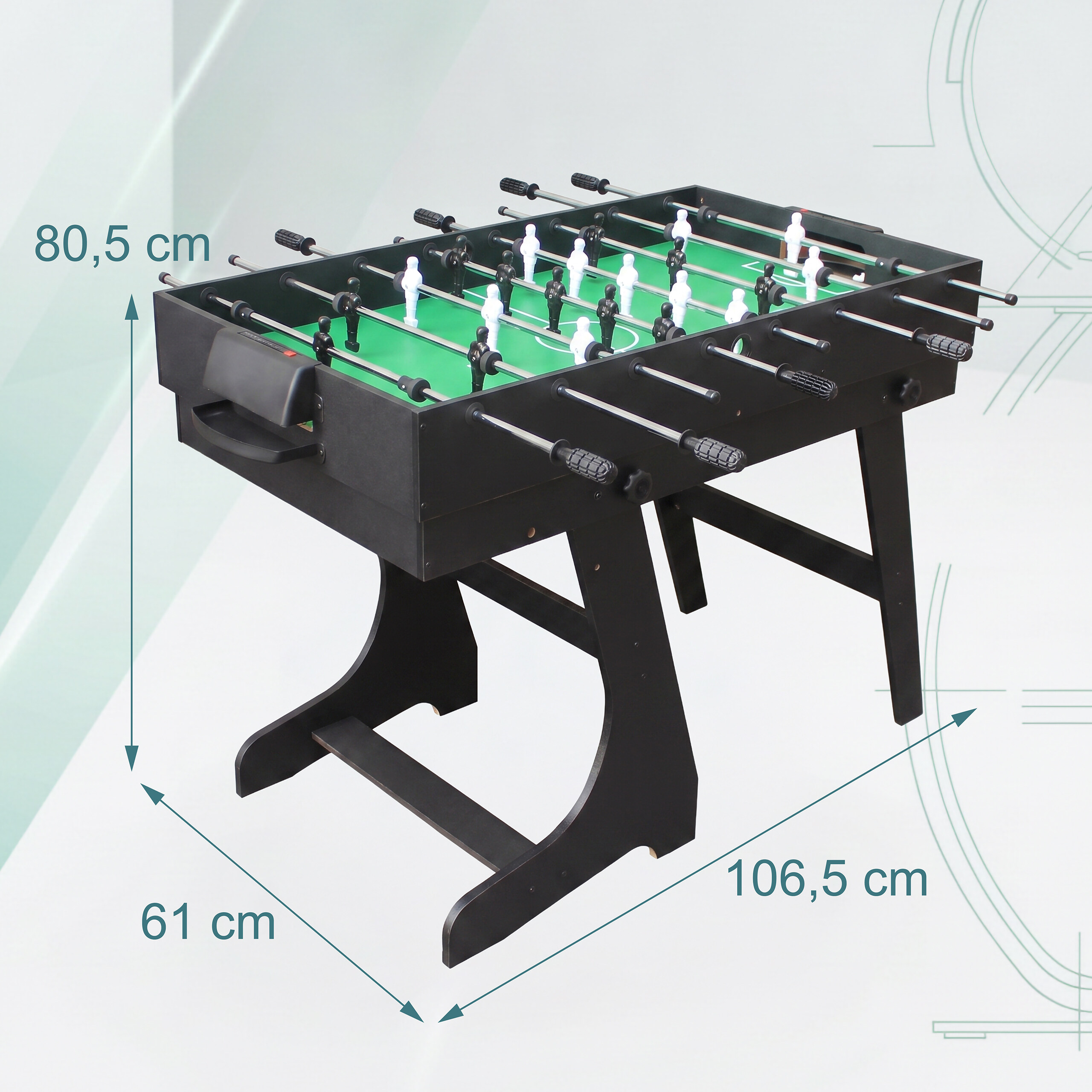 Schwarzer Tischkicker mit grünem Spielfeld und Maßangaben in cm.