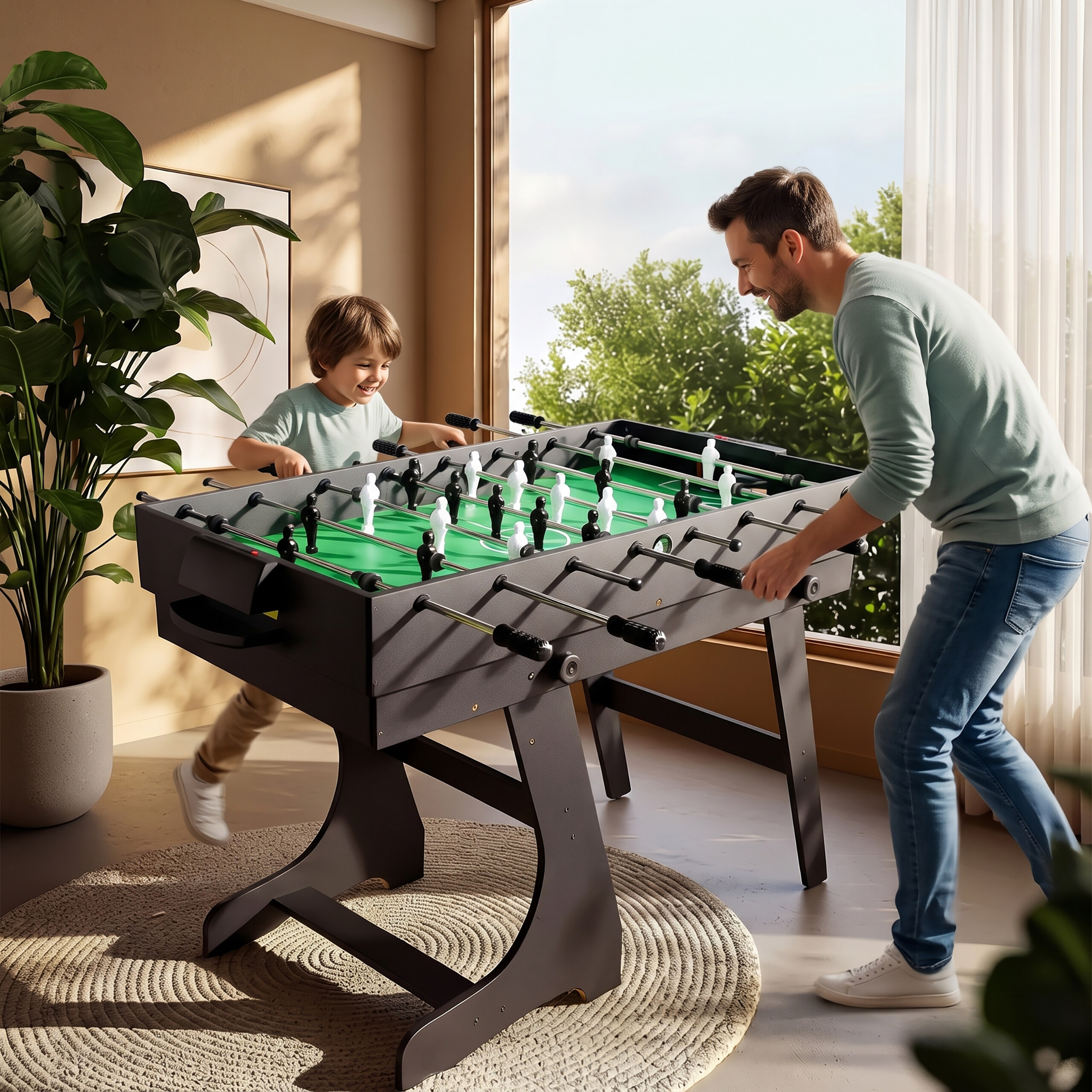 Ein Vater und Sohn spielen Tischfußball in einem sonnigen Wohnzimmer mit einer großen Topfpflanze.