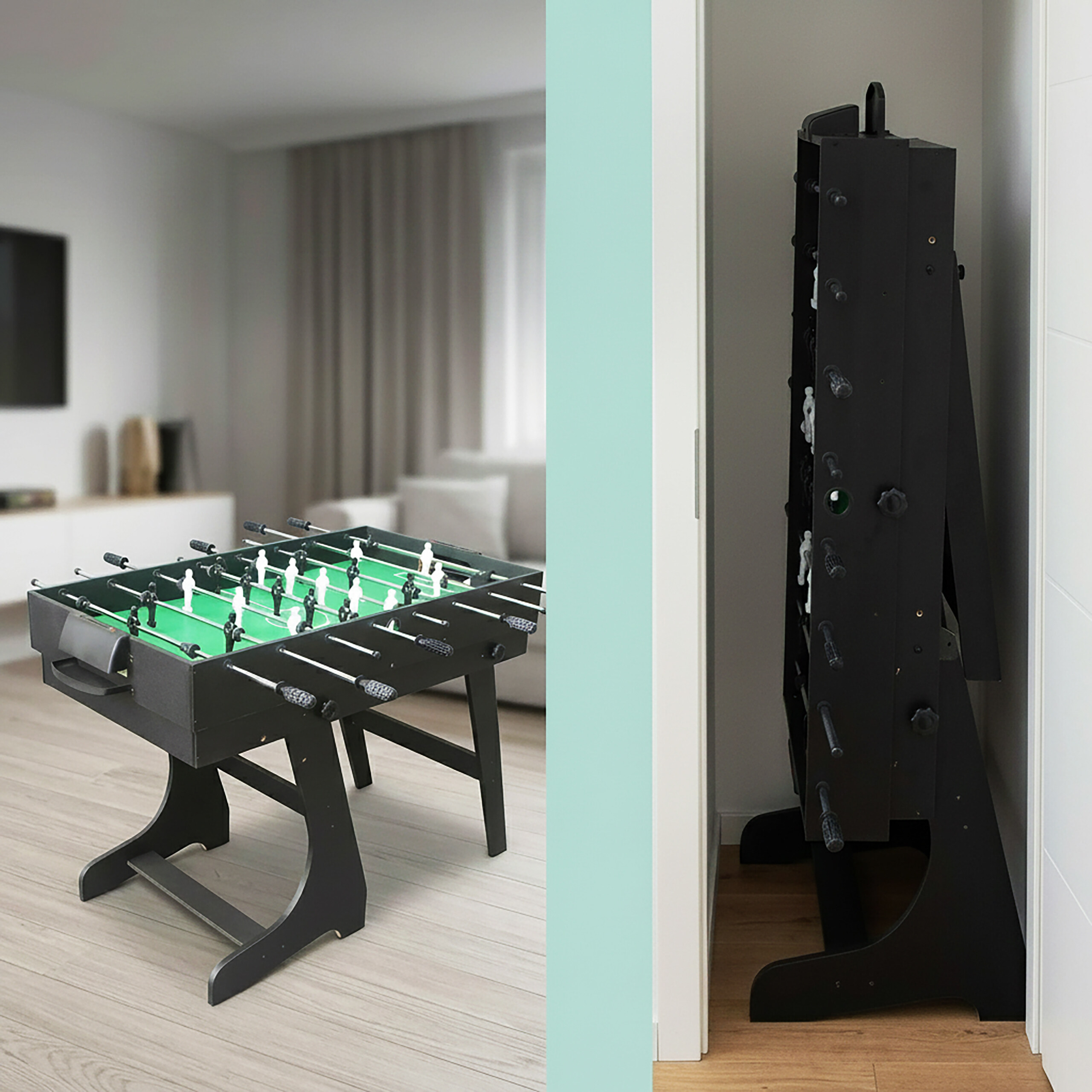 Schwarzer Tischkicker im Wohnzimmer, links aufgebaut und rechts platzsparend zusammengeklappt.