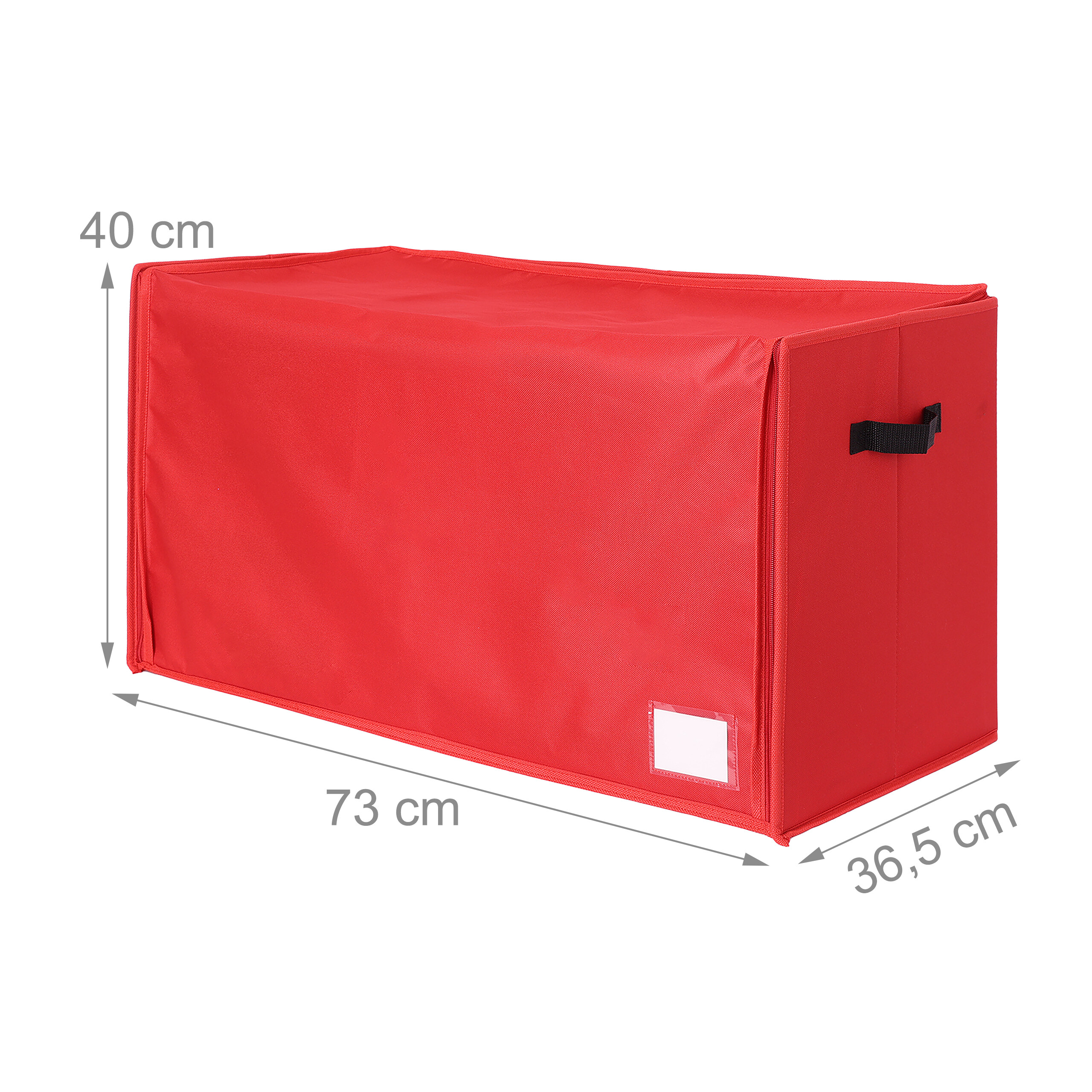 Eine rote Aufbewahrungsbox mit 73 cm Länge, 36,5 cm Breite und 40 cm Höhe und einem schwarzen Seitengriff.