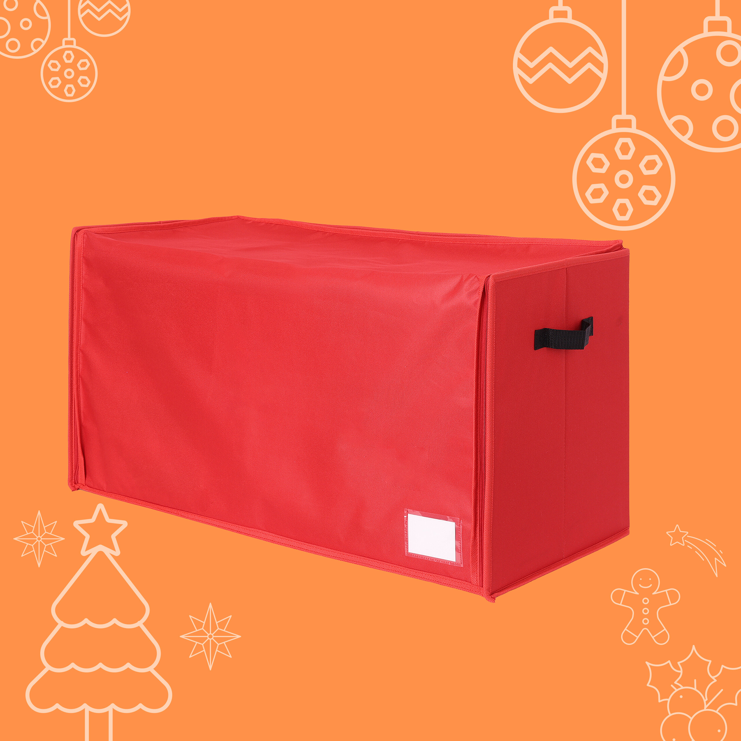 Eine rechteckige, rote Aufbewahrungsbox mit schwarzem Griff vor orangefarbenem Hintergrund mit Weihnachtsmotiven.