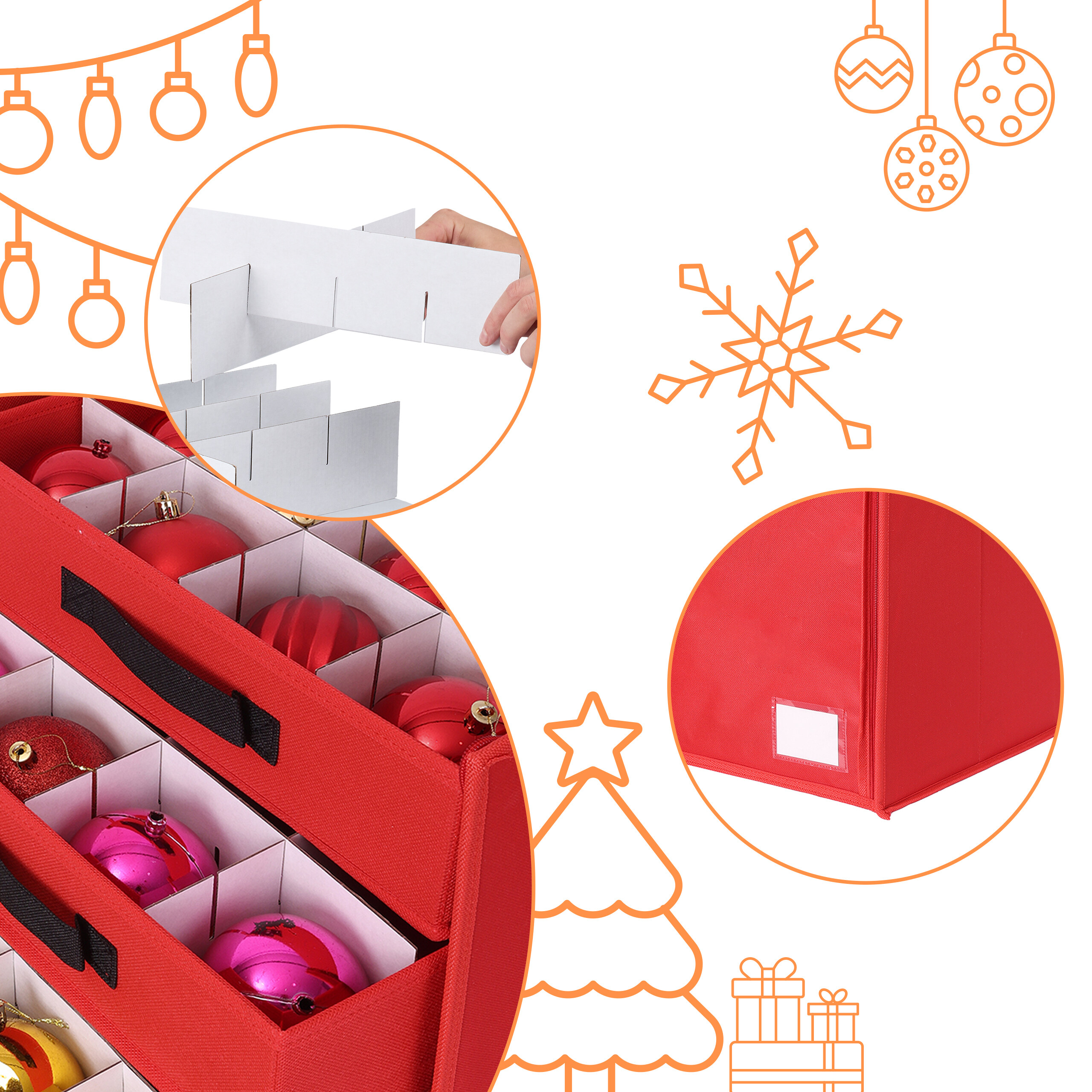 Rote Aufbewahrungsbox für Weihnachtskugeln mit Trennwänden, beschriftbarem Etikett und dekorativen Symbolen.