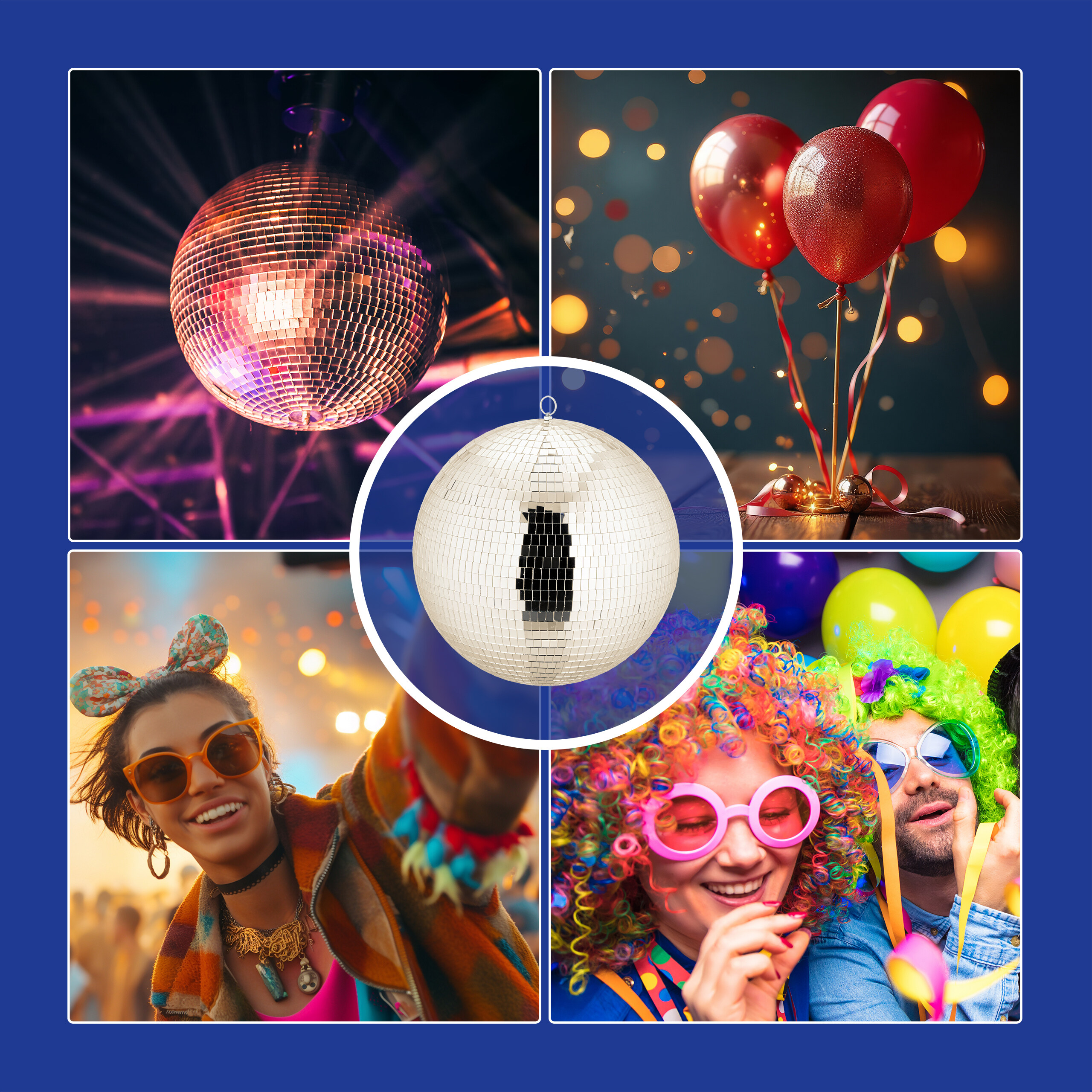 Eine Collage mit einer Diskokugel, roten Ballons, einer lächelnden Frau mit Sonnenbrille und Leuten mit Perücken.